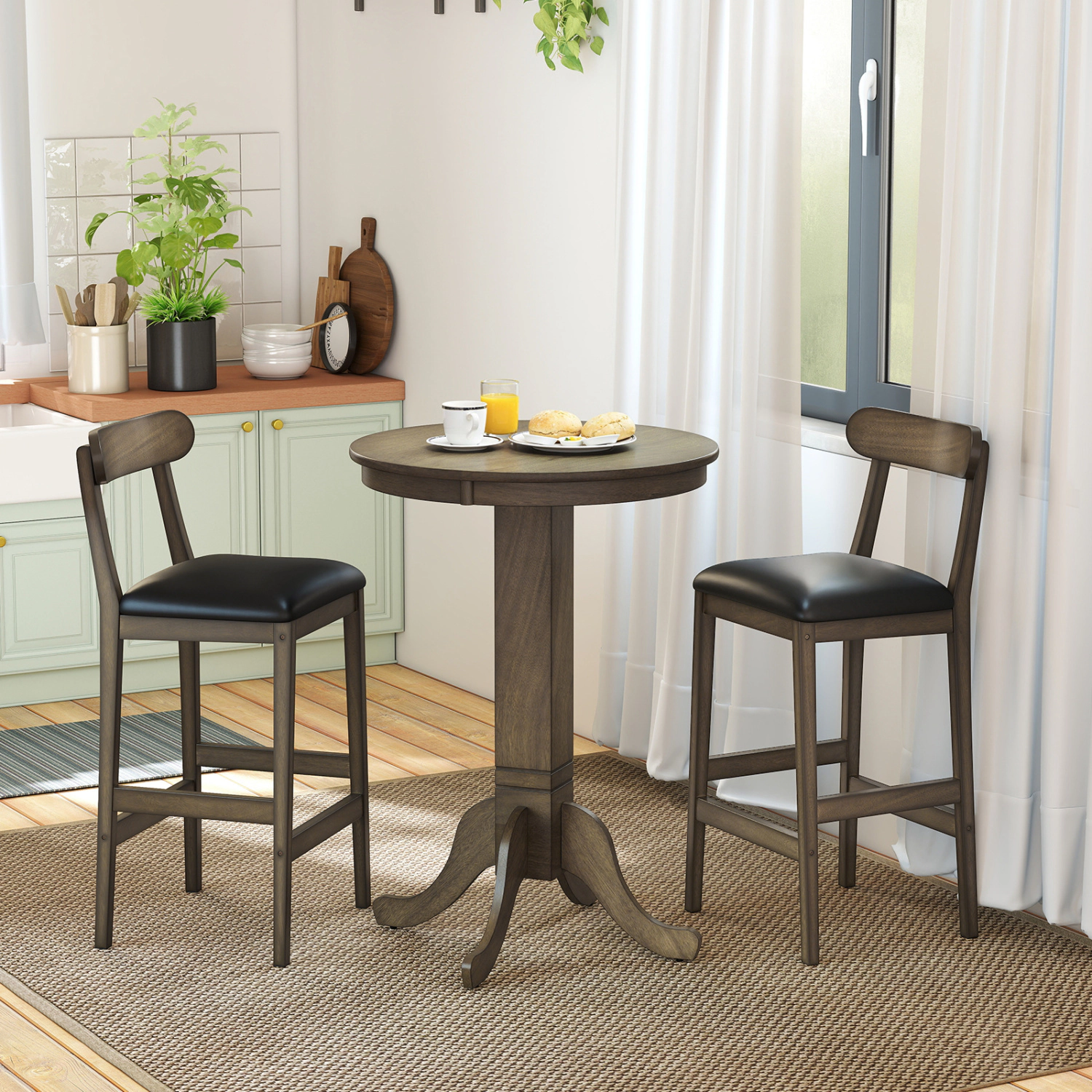 Glintex 2-Piece 29.5-Inch Bar Stool Set with Curved Back and Faux Leather Seat, Oak + Black
