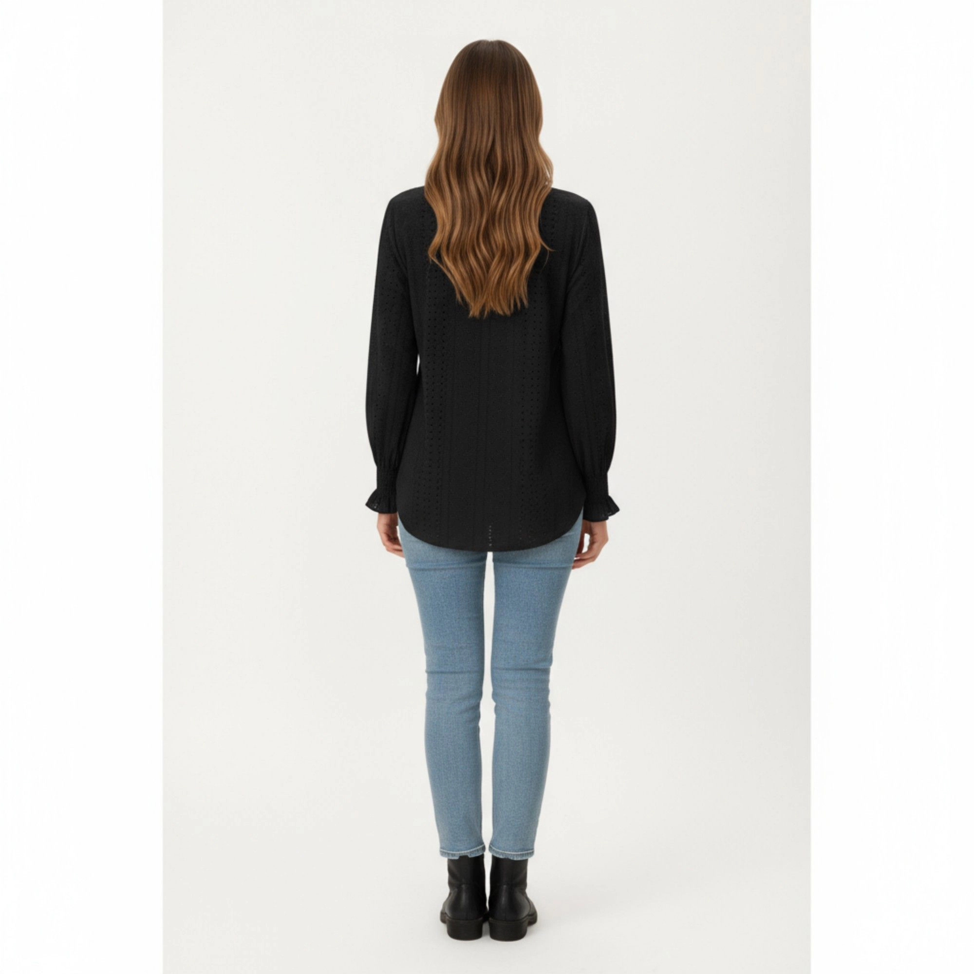 Anna-Kaci Women's Eyelet Embroidered V-Neck Ruffle Cuff Long Sleeve Top