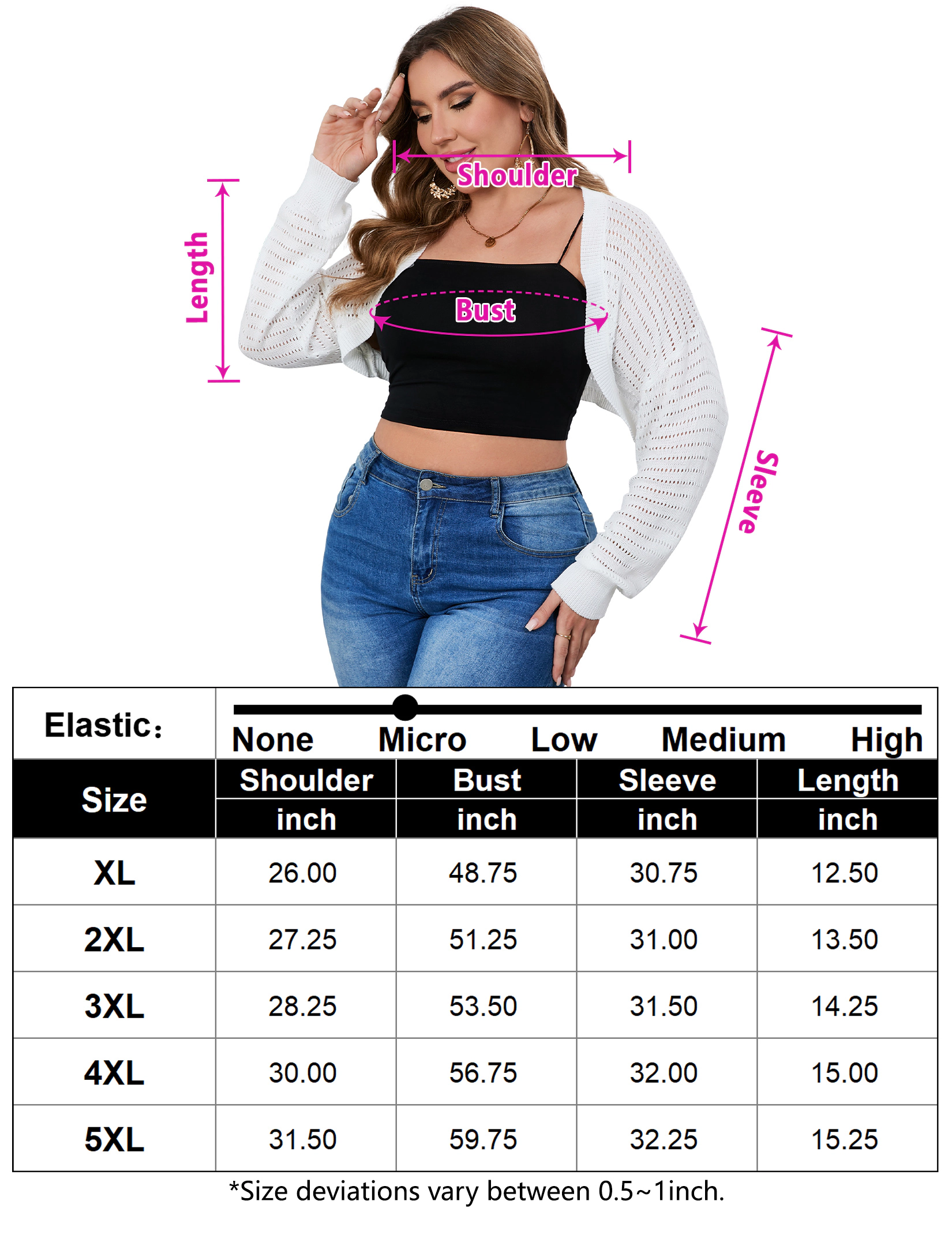 KOJOOIN Women's Plus Hollow Knit Cardigan Lightweight V Neck Long Sleeve Crop Shrug Top