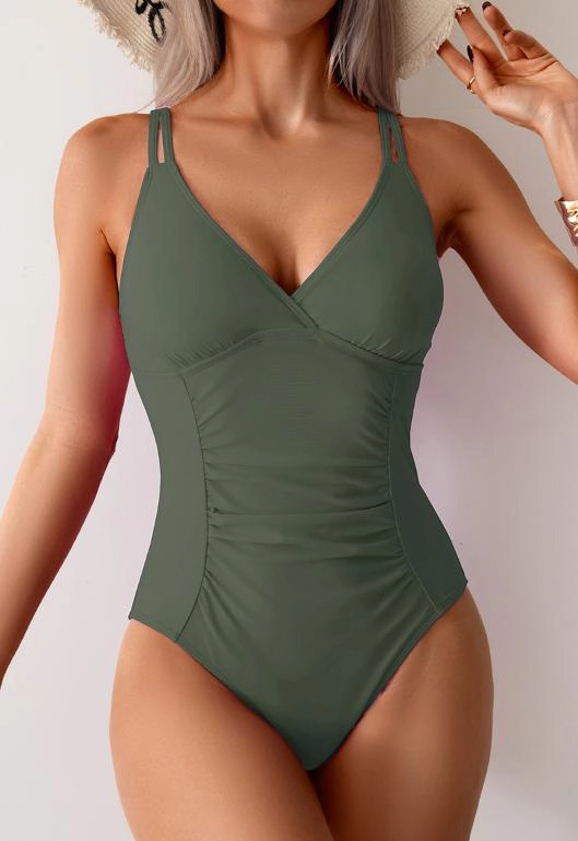 KOJOOIN Women's Ruched Tummy Control One Piece Swimsuit V‑Neck Crossback Bathing Suit Swimwear