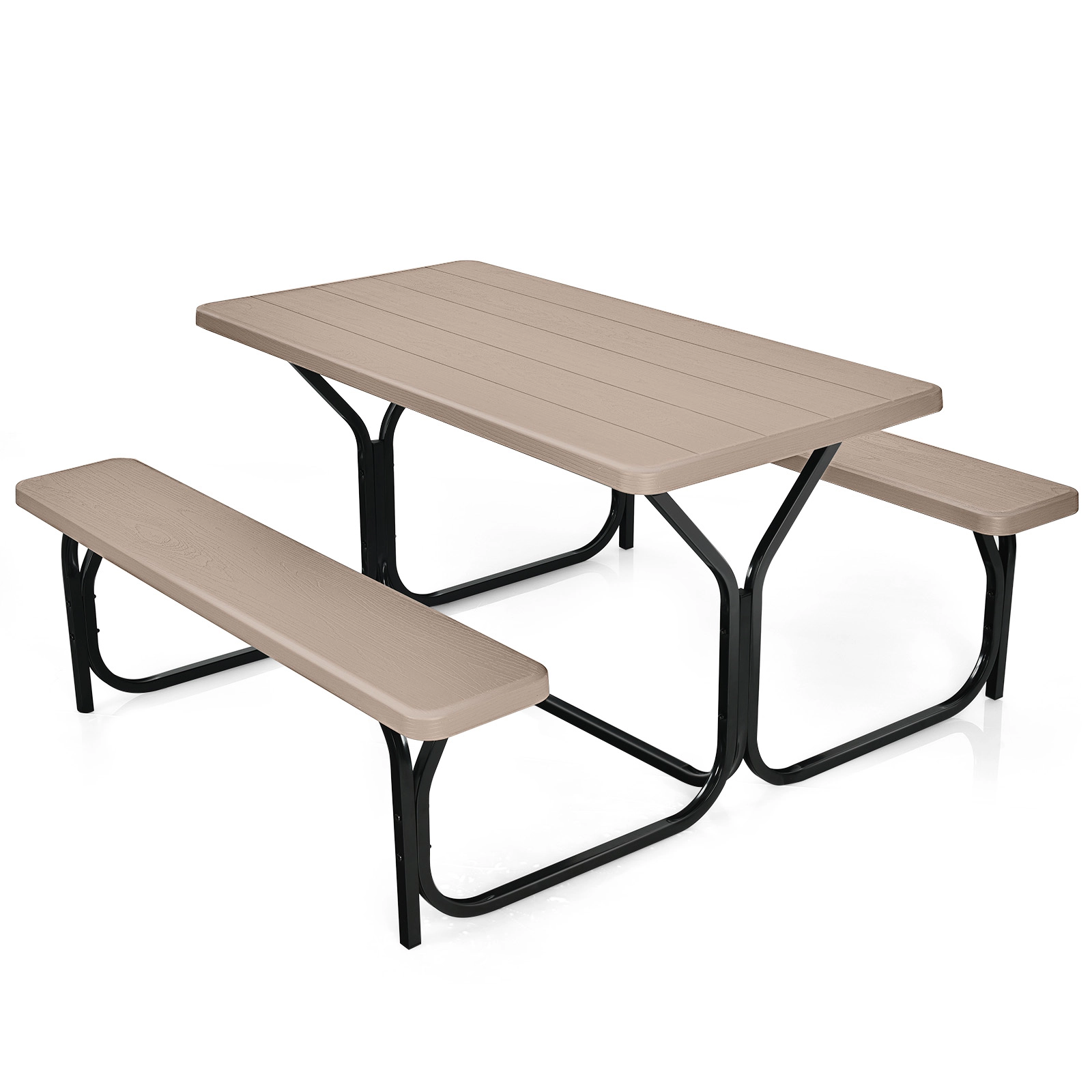 SUGIFT Outdoor Picnic Table Bench Set Coffee HDPE Wood-Look Top with Metal Base