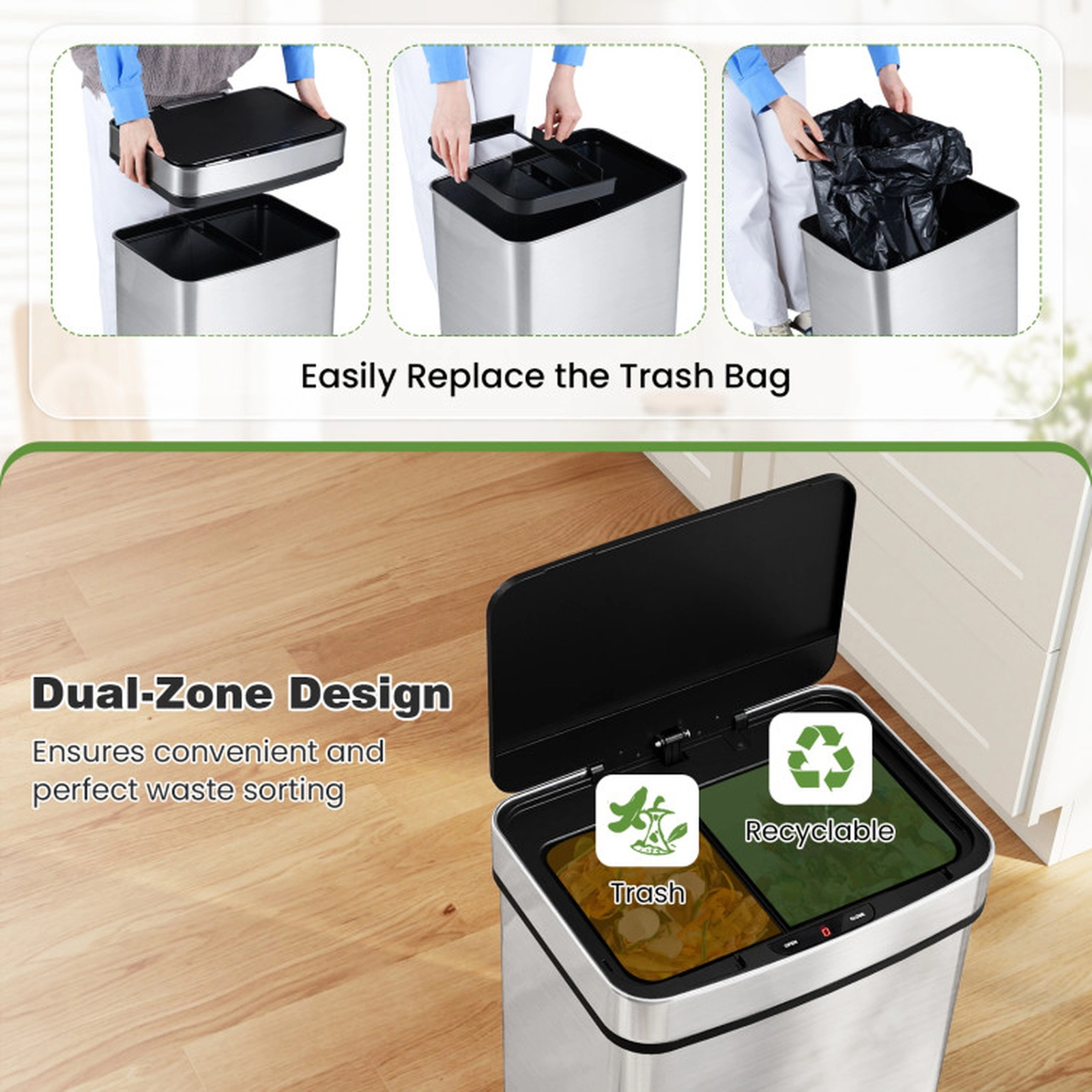 SUGIFT 16-Gal Dual Compartment Motion Sensor Touchless Recycling Trash Can 16.5-in x 12.5-in x 24-in 3-Layer Silver