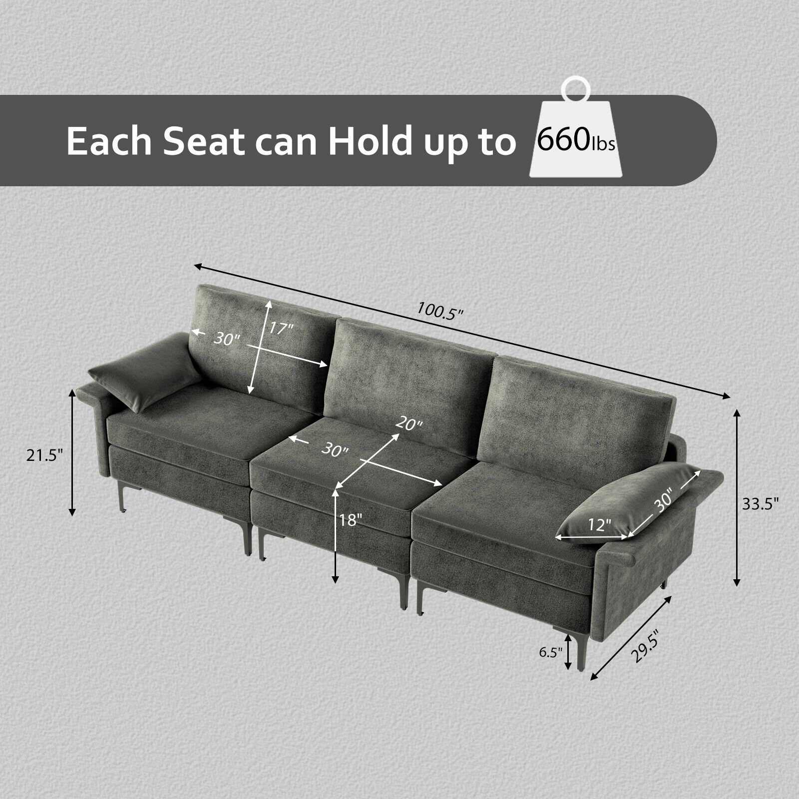 Hivvago Spacious 3-Seater Sectional Sofa with Sleek Metal Legs for 3–4 People