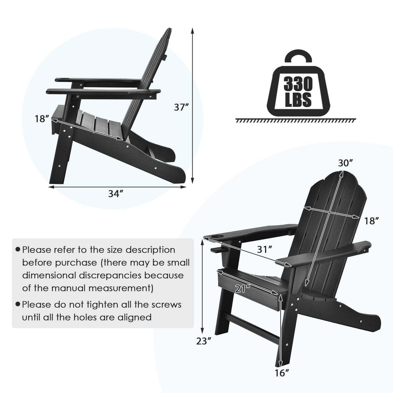SUGIFT Adirondack Chair with Built-in Cup Holder 330-lb Capacity Black