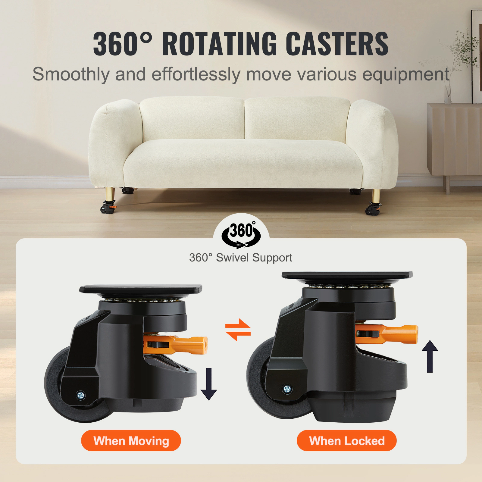 HONGGE 2.5-Inch Leveling Casters, Set of 4, Adjustable Swivel Wheels with Handle, 2200 lbs Capacity