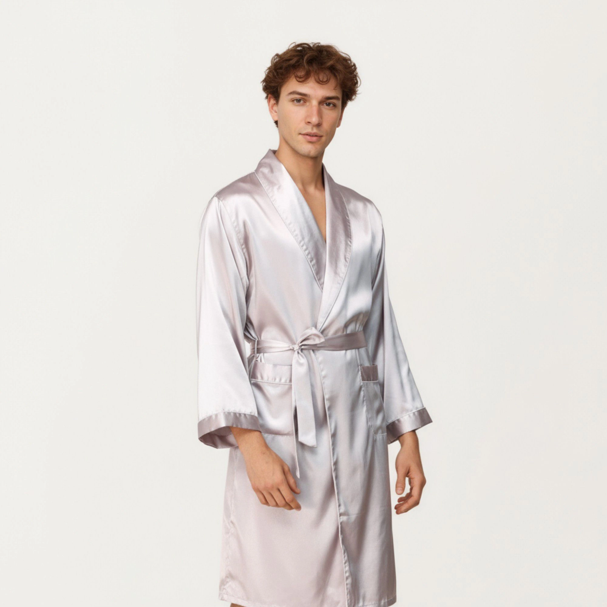 Anna-Kaci Men's Satin Robe with Shawl Collar Waist Tie and Front Pockets