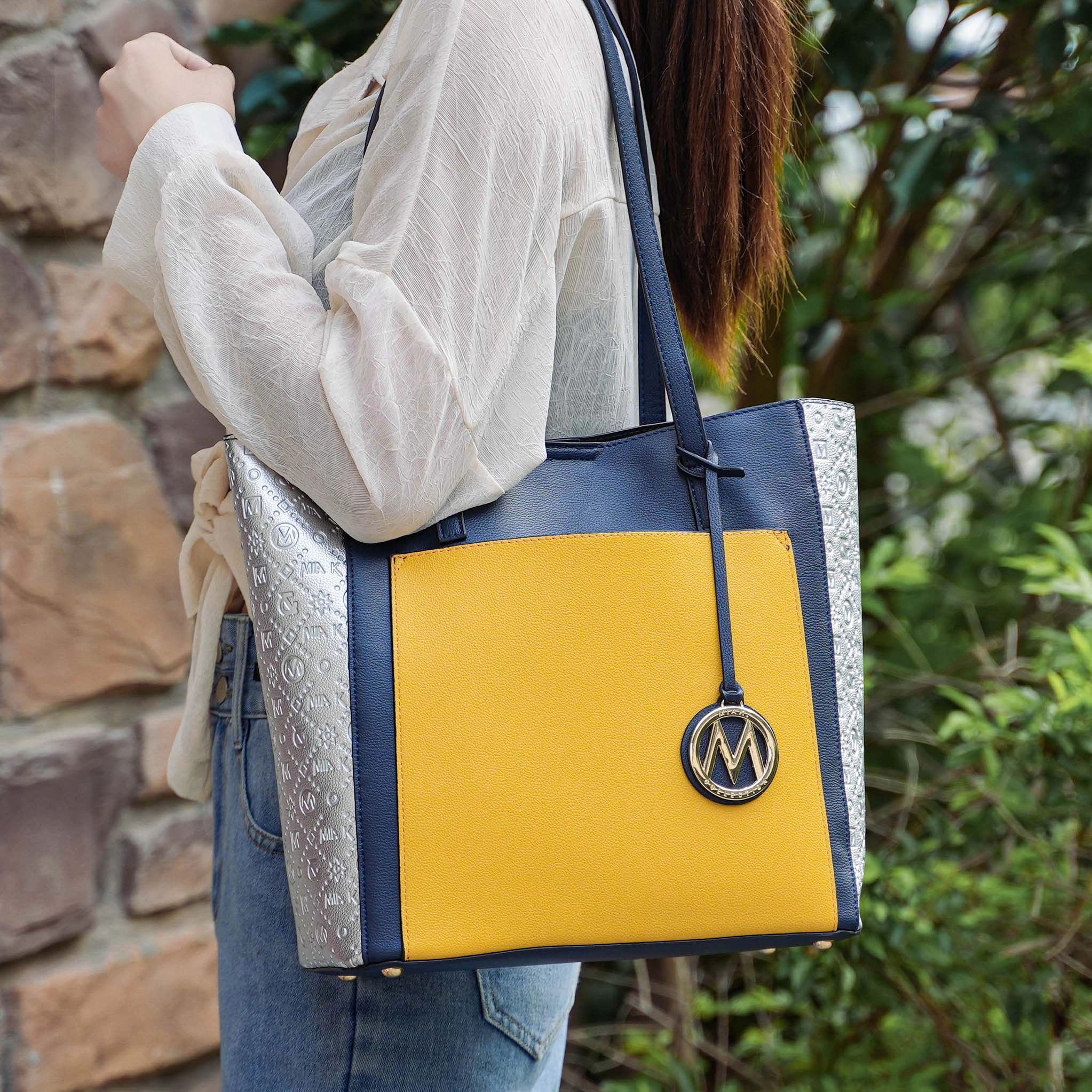 Mia K Collection Leah Color Block Vegan Leather Tote - Magnetic Snap, Zip Pocket, Metal Feet