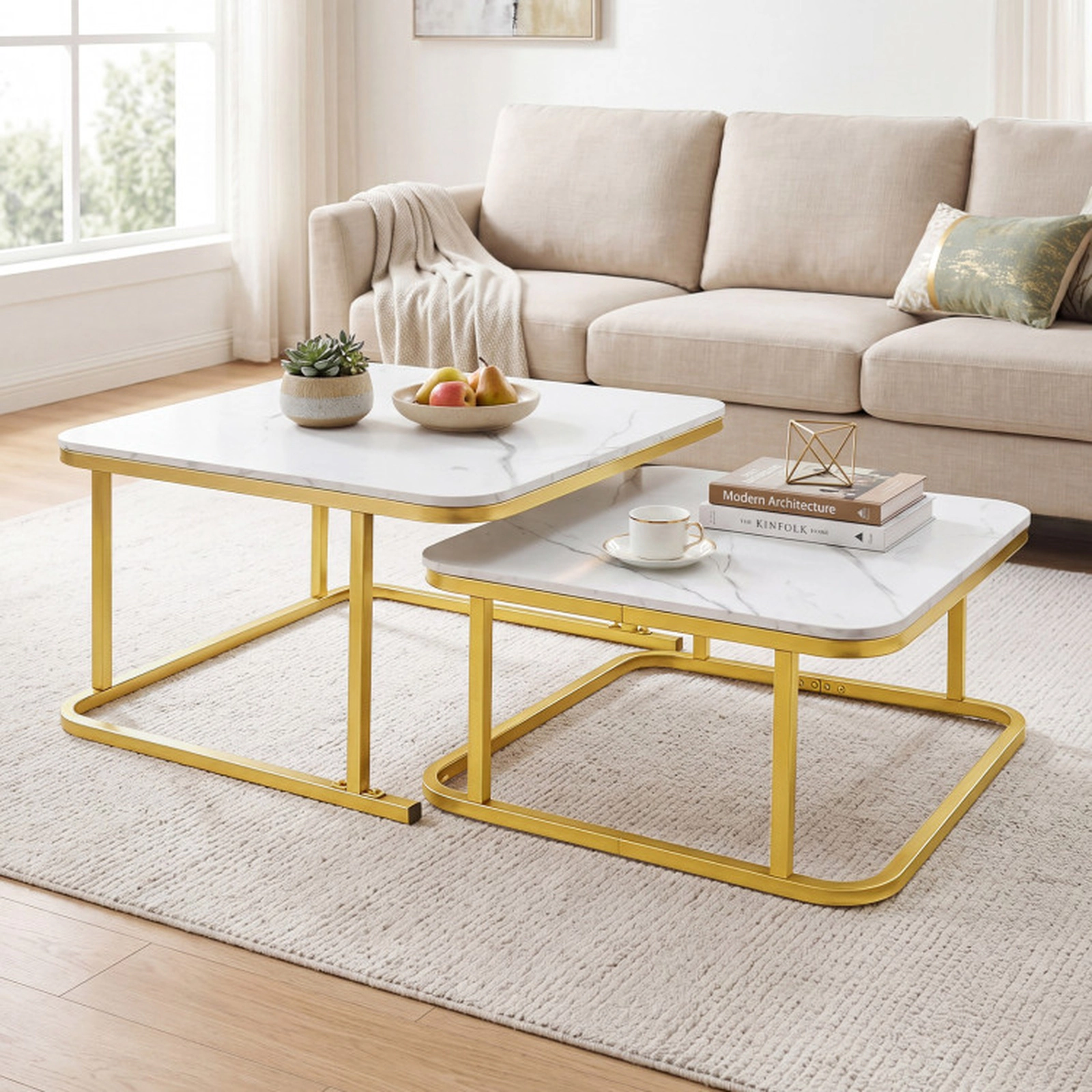SUGIFT Nesting Stacking Coffee Table Set of 2 with Faux Marble Top and Metal Frame 66-lb Capacity White & Gold/Black