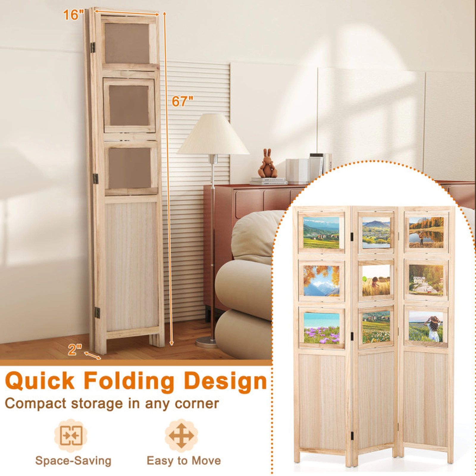 SUGIFT Natural 3-Panel 48-in Wide Folding Wood Room Divider Privacy Screen with 9 Swivel Photo Frames