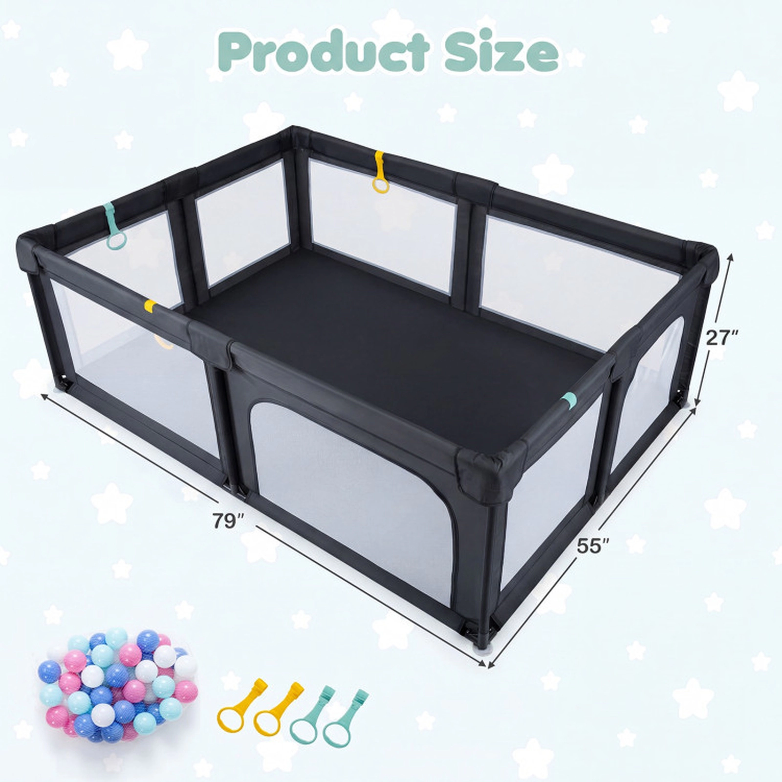 SUGIFT Baby Mesh Zippered Doors 4 Pull Rings 50 Ocean Balls Large Playard 79-in x 55-in x 27-in 14-lb Net Weight Black