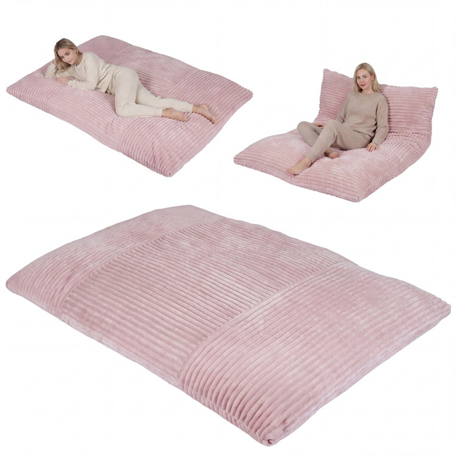 SUGIFT Pink Corduroy Convertible Bean Bag Sofa Bed, 76.5 in