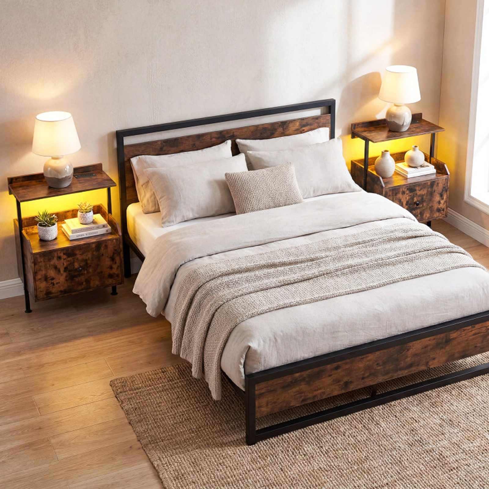SUGIFT 29.5-Inch Rustic Brown Tall Nightstand with LED Lights, Charging Station and 2 Shelves