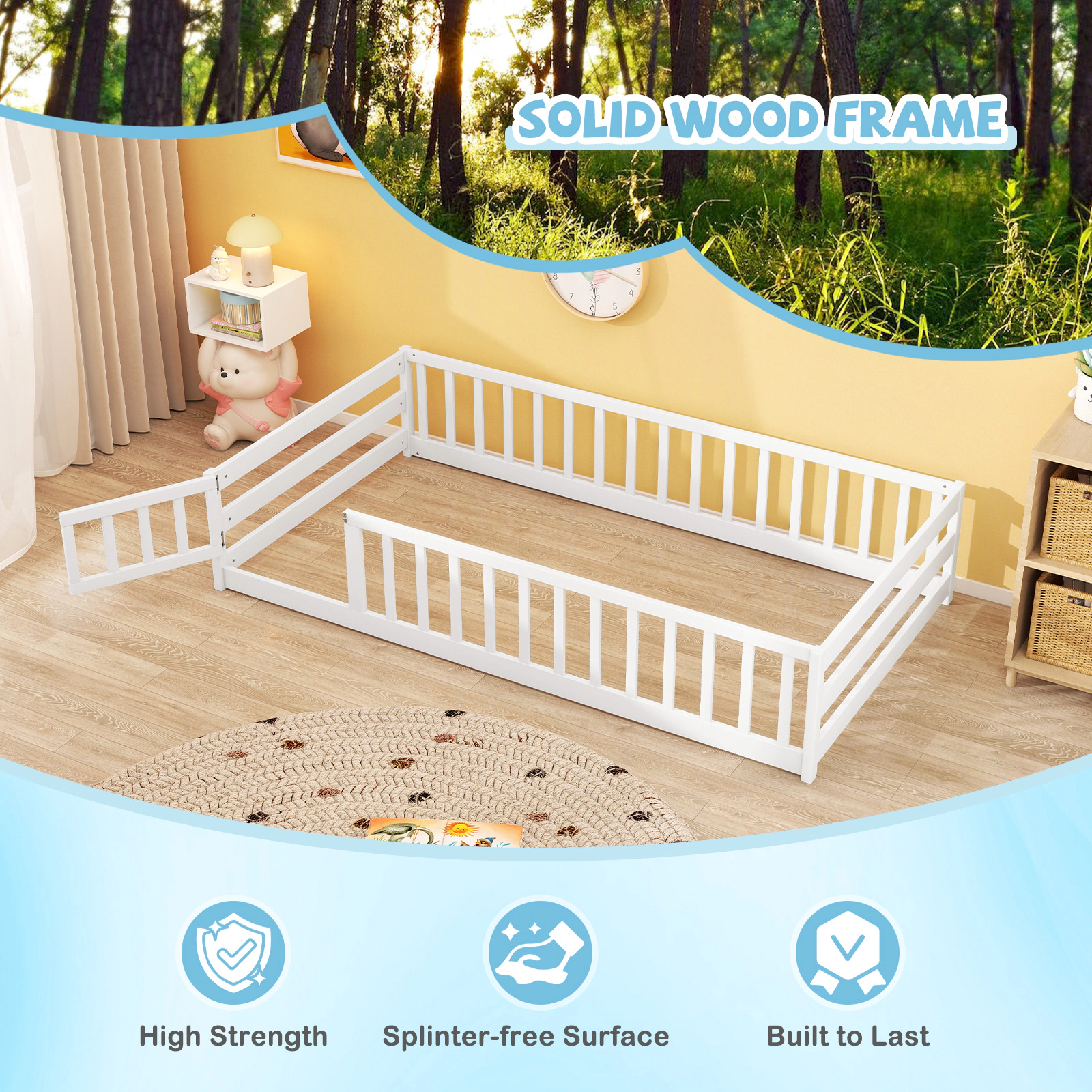 SUGIFT Lockable Door and Full-Length Fence Pine Wood Twin Kids Montessori Floor Bed