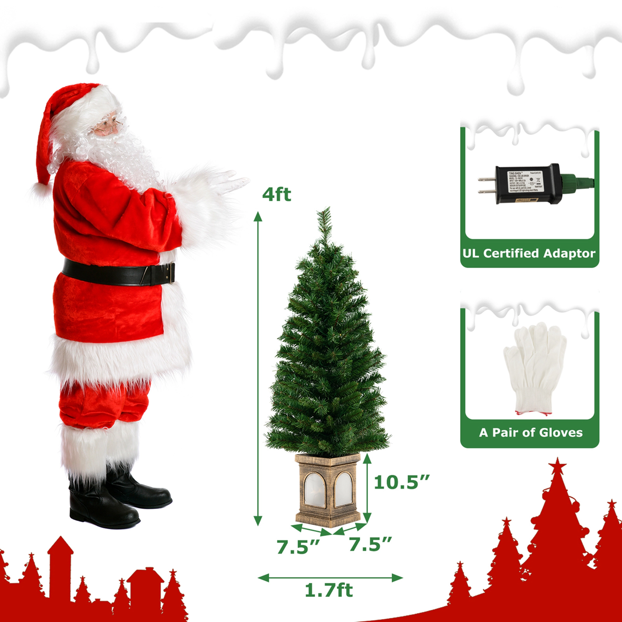 Costway 1 PC 4 FT Pre-Lit Potted Christmas Tree Artificial Entrance Decor with 3 Lighting Modes