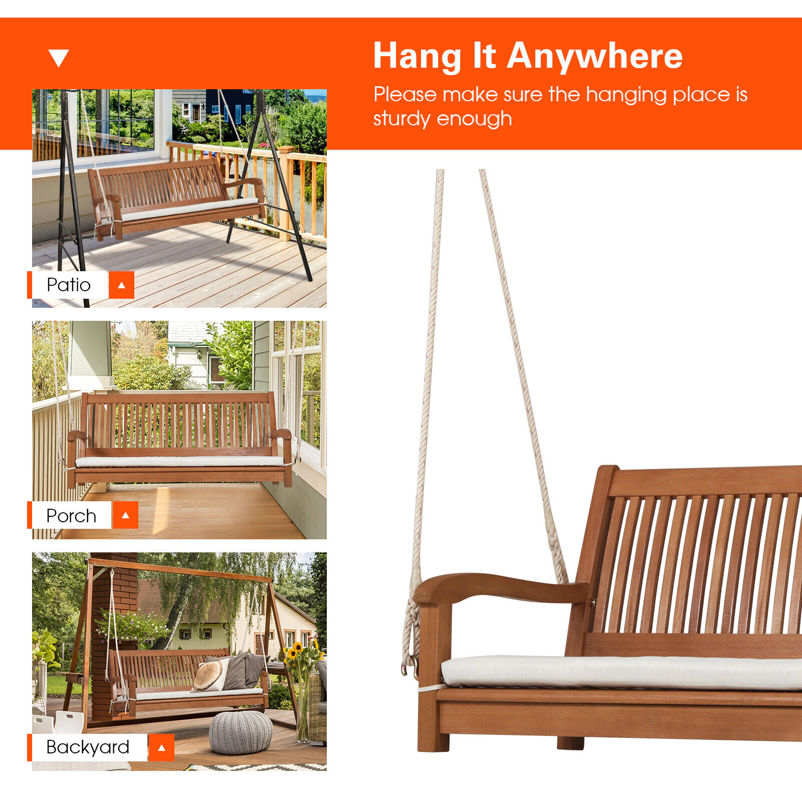 LJG 2-Person Hanging Porch Swing Wood Bench with Cushion Curved Back
