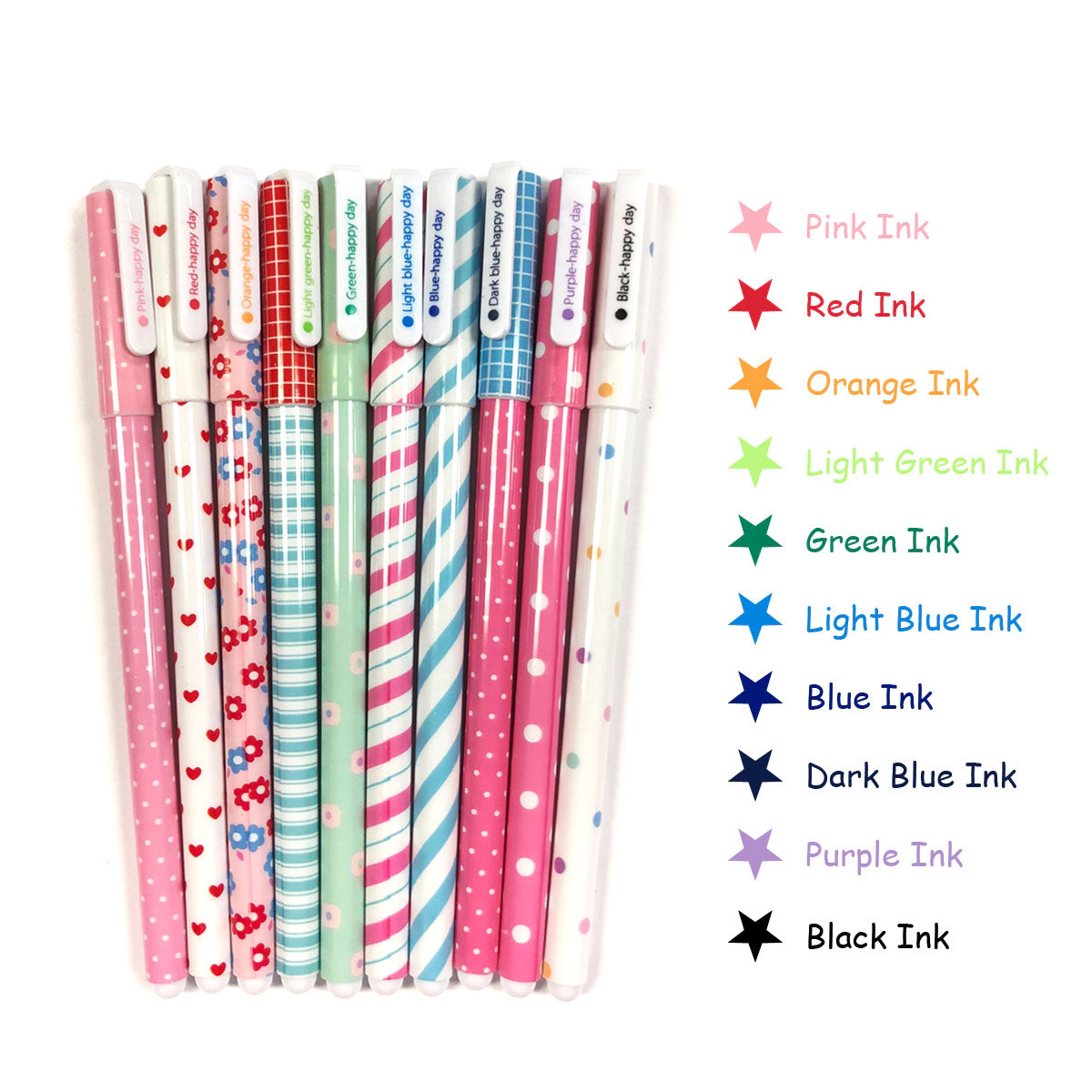 Wrapables Cute Novelty Gel Ink Pens, 0.5mm Fine Point, Hearts and Stripes Multicolor Ink, Set of 10