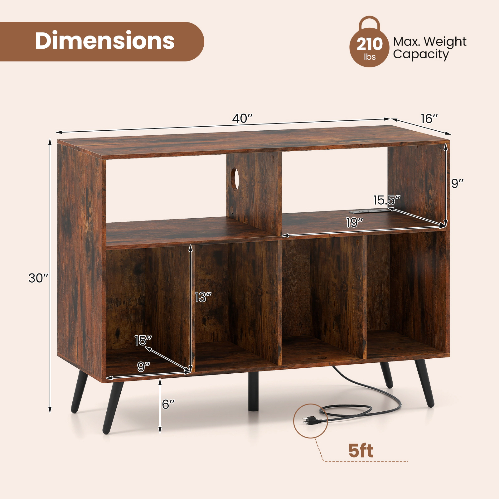 Glintex 40-Inch Record Player Stand with 4 Record Compartments and Charging Ports, Rustic Brown