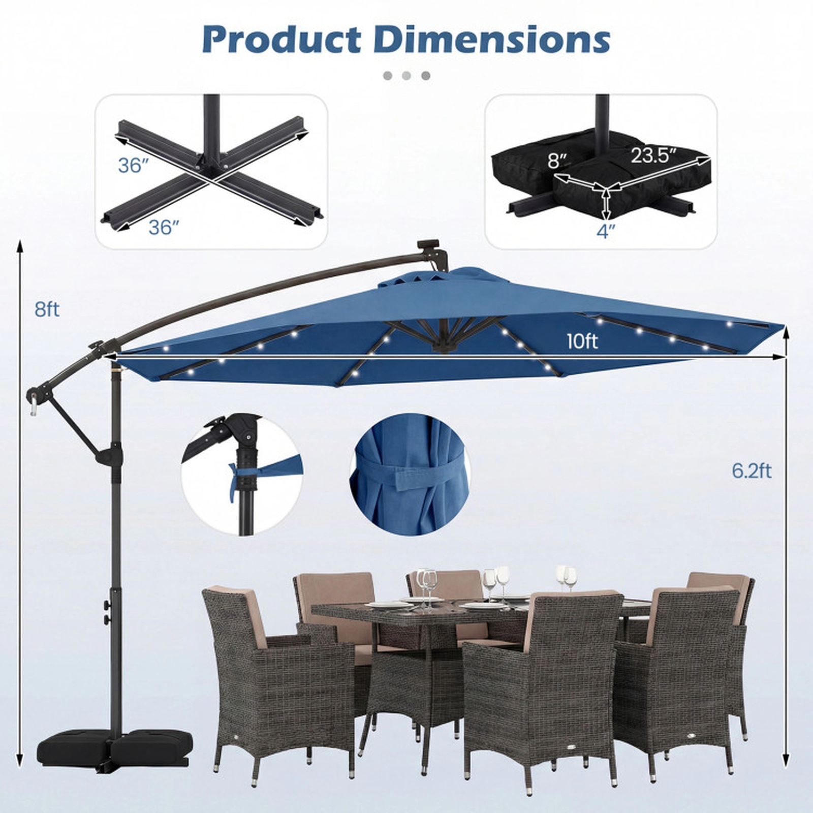 SUGIFT 10-ft Blue Solar LED Offset Cantilever Patio Umbrella with Cross Base and 2 Sandbags for Backyard