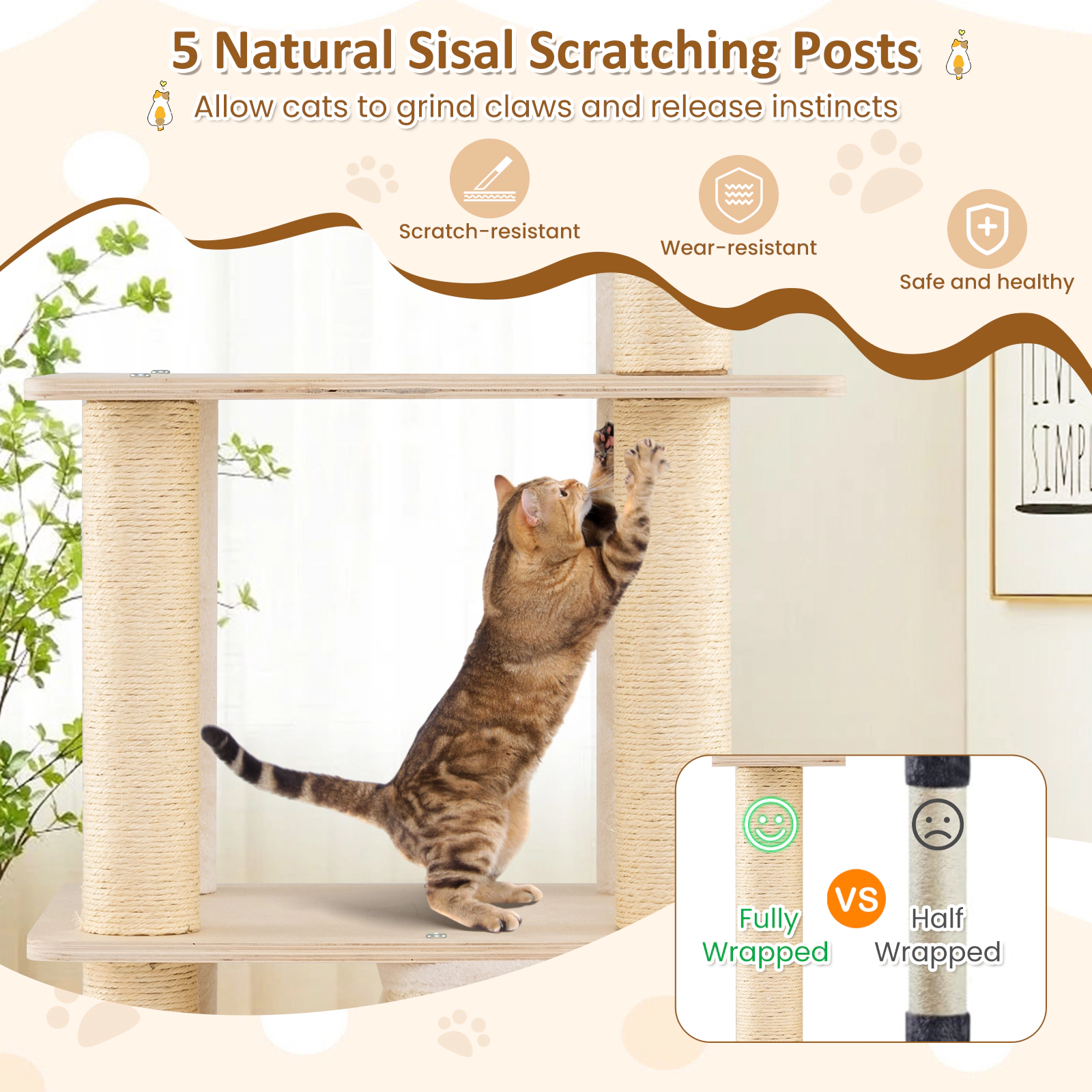 SUGIFT 63-in Natural Heavy Duty Wooden Cat Tree with 44-lb Layers 2-Story Condo and Plush Top Perch
