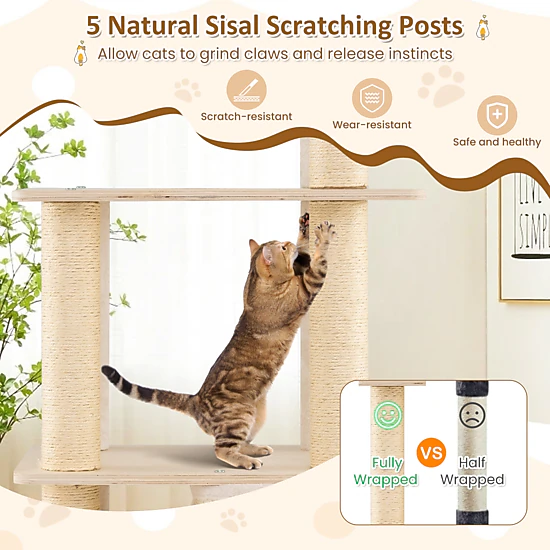 SUGIFT 63-in Natural Heavy Duty Wooden Cat Tree with 44-lb Layers 2-Story Condo and Plush Top Perch