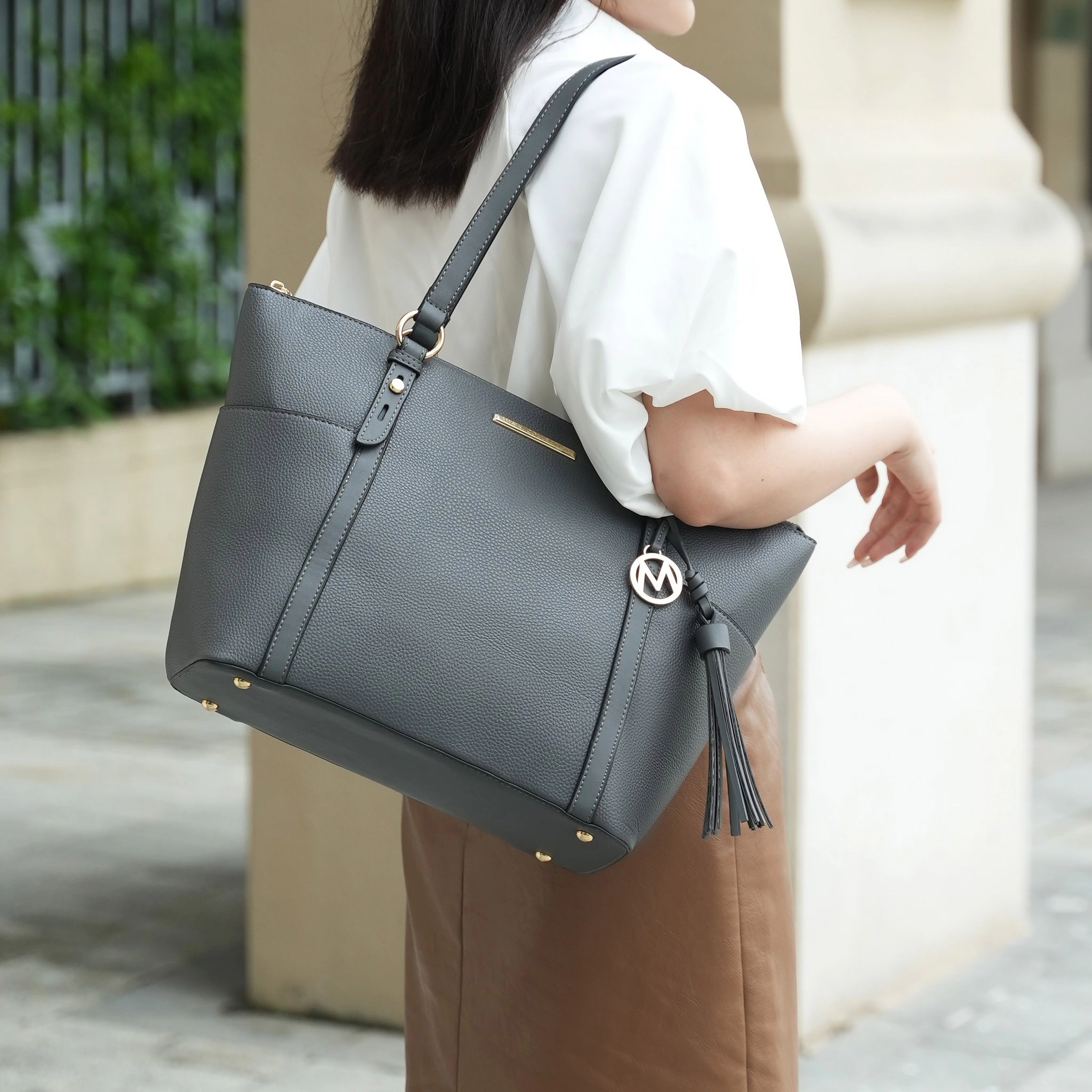 Mia K Collection Gloria Carryall Tote Bag with Matching Wallet - Pebbled Vegan Leather, Gold-Tone Hardware
