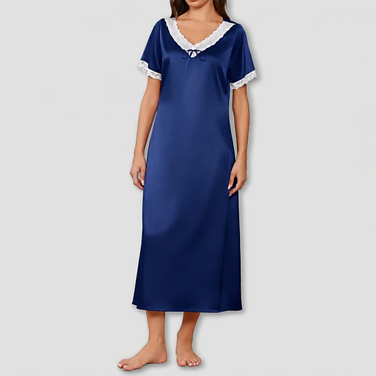 Ekouaer Women's Satin Long Nightgown with Lace Trim and V-Neck Bow Tie