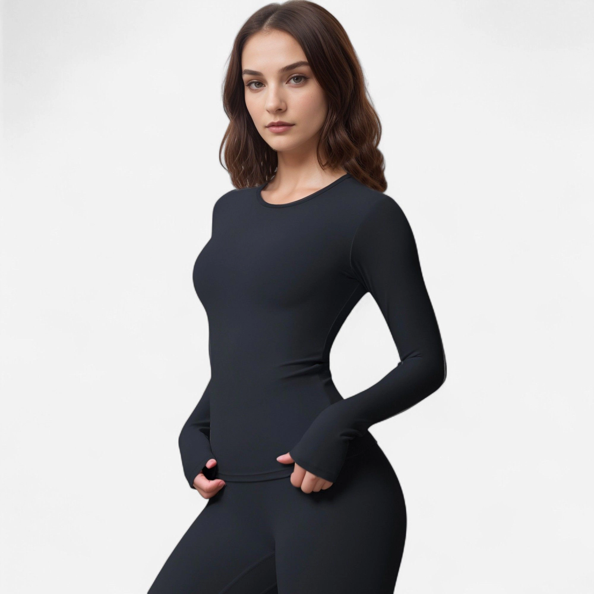 Anna-Kaci Women's Active Top with Crew Neckline Seamless Fitted Silhouette and Thumbhole Cuffs