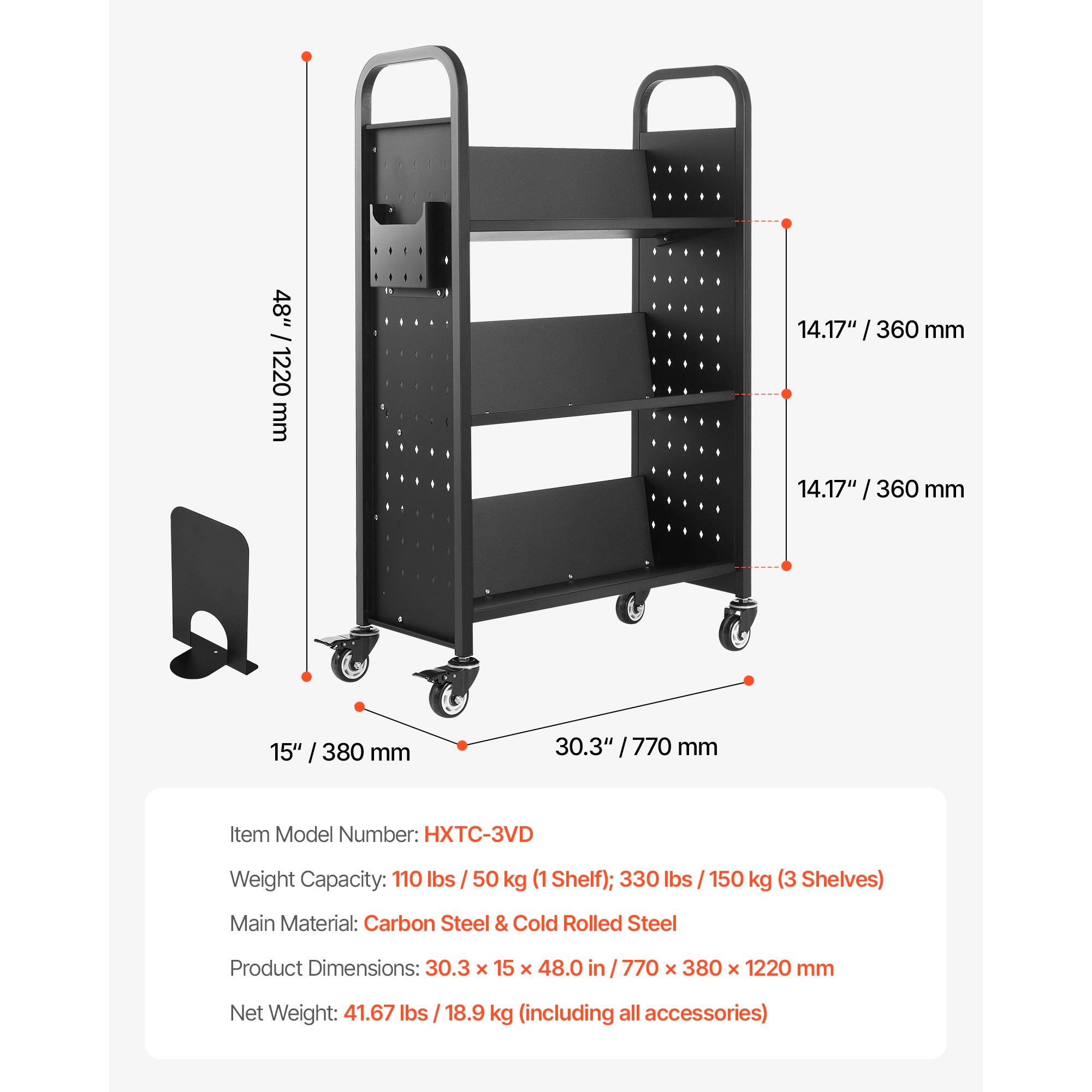 HONGGE Rolling Library Book Cart with V-Shaped Shelves, 330 Lbs Capacity, Lockable Wheels, Black