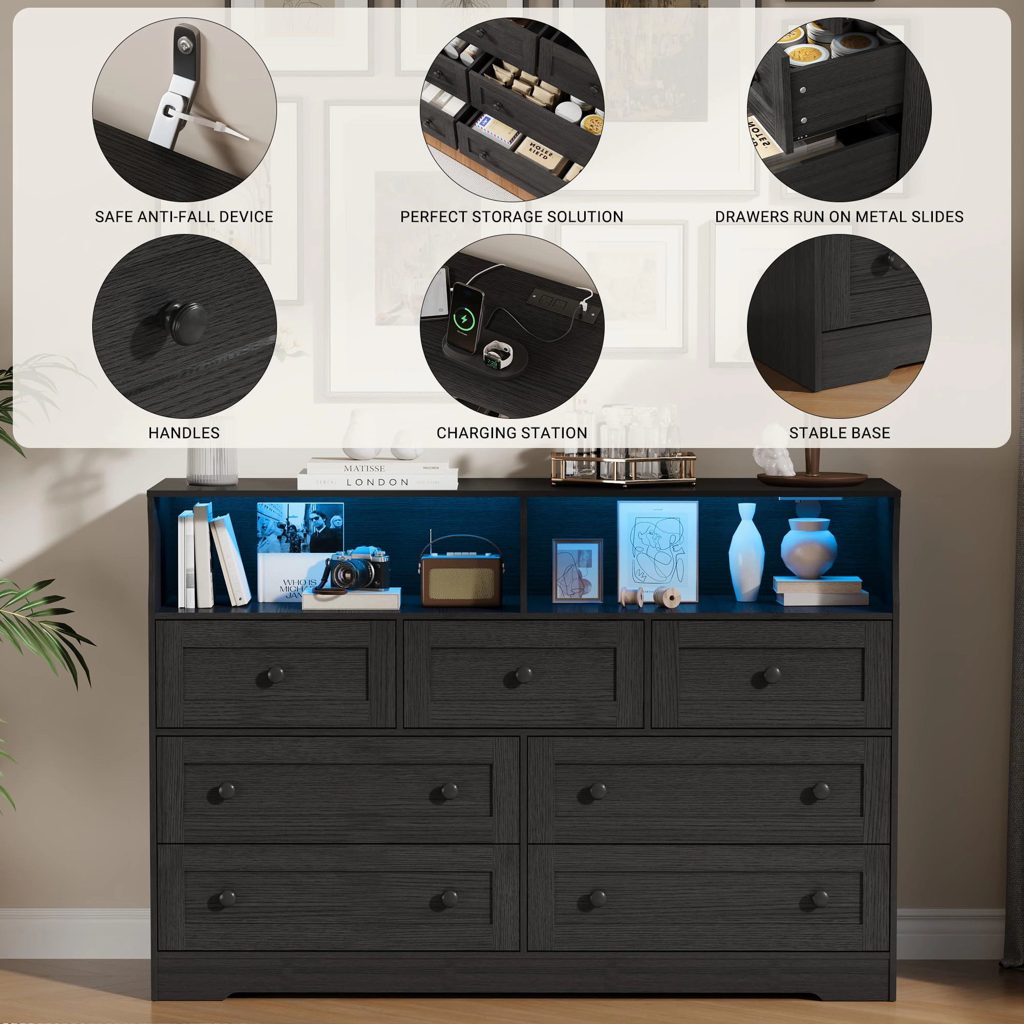7 Drawer Dresser with LED Lights & Charging Station, Wood Storage Chest with Open Shelves