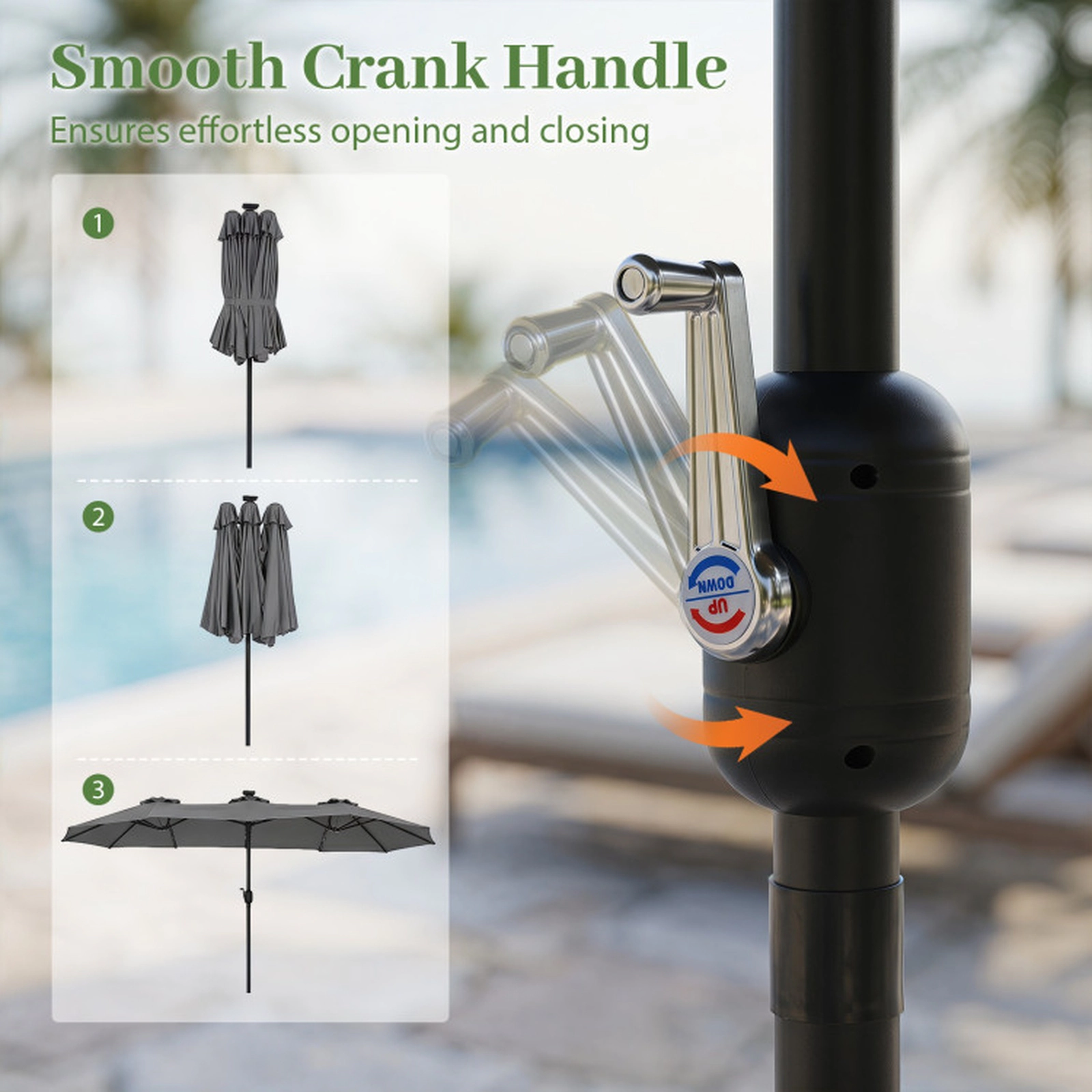 SUGIFT Solar LED Double-Sided Rectangle Patio Market Umbrella 13-ft Canopy Gray