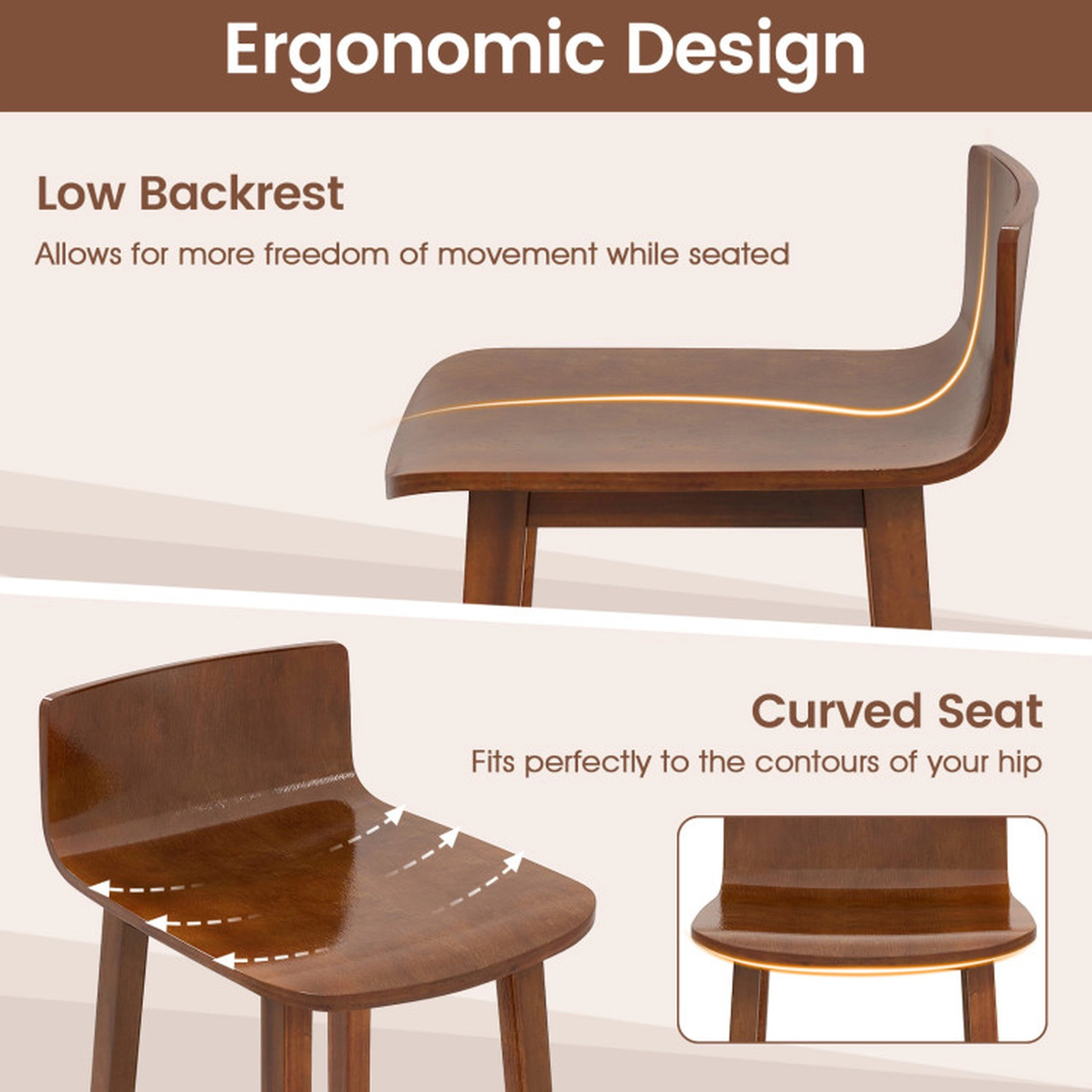 SUGIFT Wide Seat Wood Dining Chair Set of 2 Farmhouse Mid-Century Armless Side Chairs 410-lb Capacity Brown