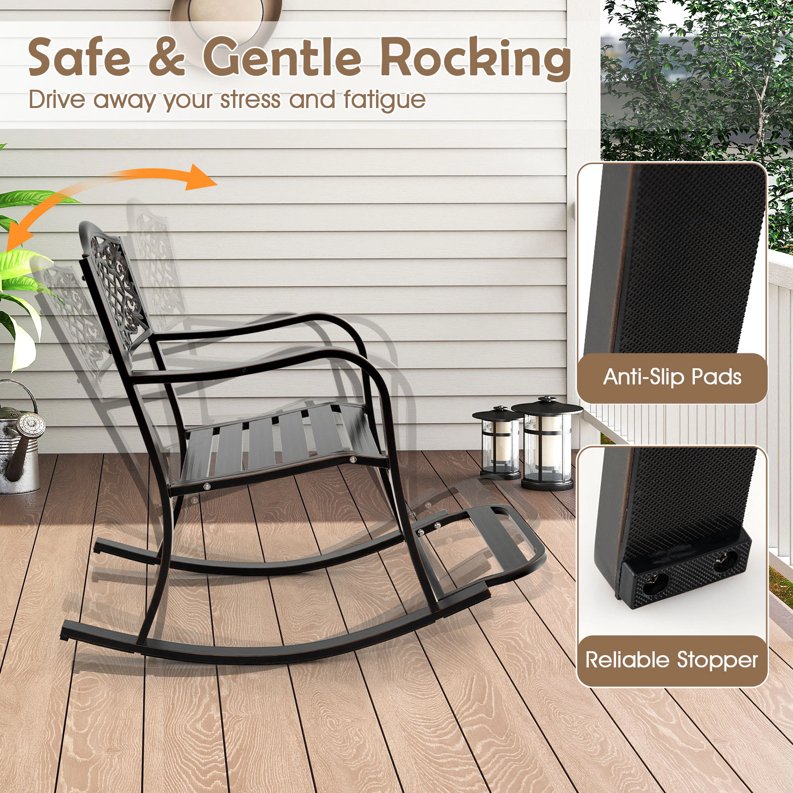 SUGIFT Cast Aluminum Patio Rocking Chair with Footrest and Curved Armrests 330-Lb Capacity 40-in Frame Antique Brown
