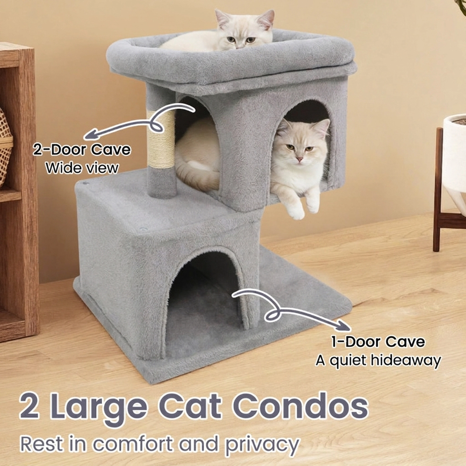 SUGIFT Modern Cat Tree Tower with Upholstered Perch & 2 Cat Condos 22-lb Capacity Each Layer 25.5-in Tall Gray