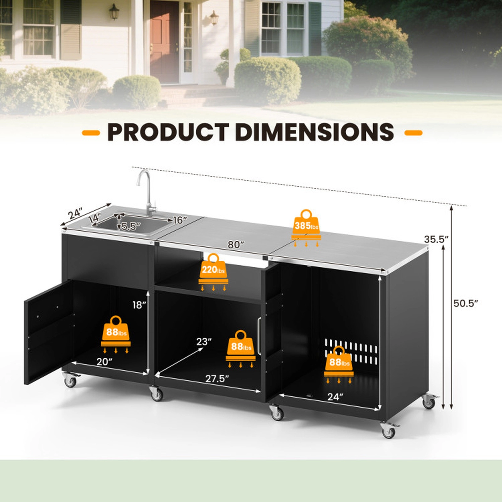 SUGIFT Black Outdoor Grill Table with Sink and Storage Cabinet 80-in W 24-in D 50.5-in H 385-lb Countertop Capacity