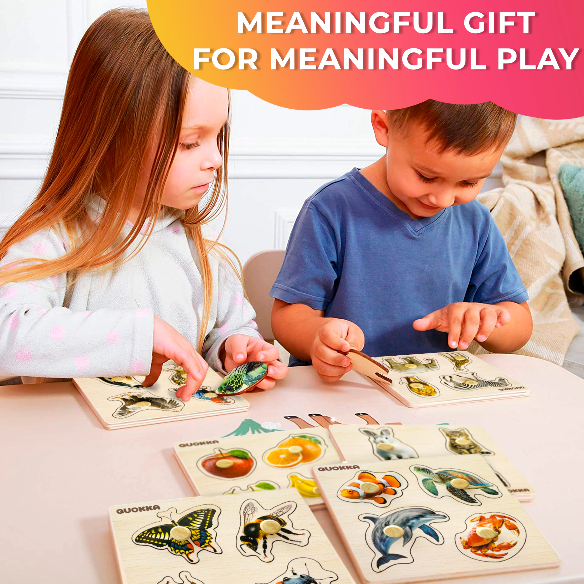 QUOKKA Wooden Peg Puzzle Set for Toddlers Ages 1–3, 6-Pack Animal, Fruit, Vehicle & Shape Puzzles