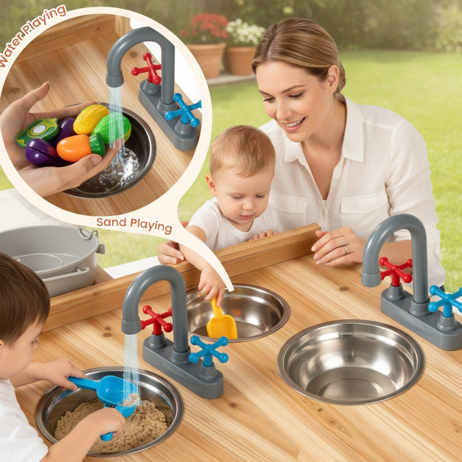 Outdoor Mud Kitchen for Kids with Chalkboard Stove Sink and 4 Storage Zones 23.5-in x 14-in x 38-in Fir Wood Natural