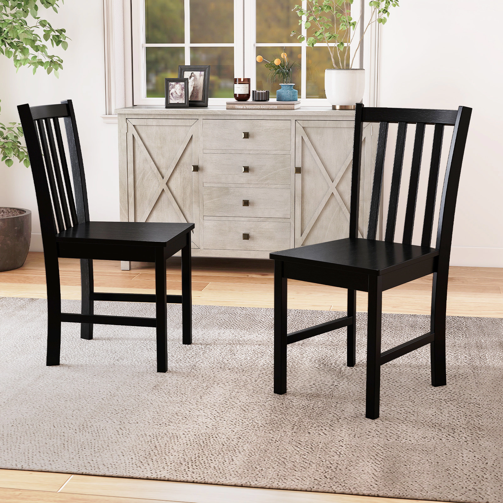LJG Rustic Dining Chairs Set of 2 Wooden Kitchen with Slat Tilt Backrest