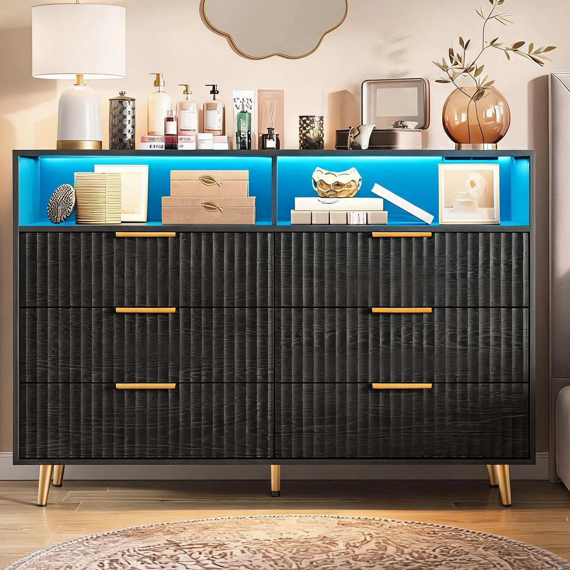 6 Drawer Fluted Dresser with Charging Station and RGB LED Lights, Storage Chest Open Shelf Gold-Tone Handles