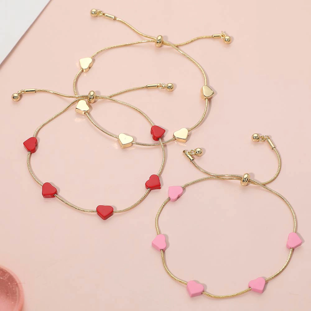 FASHNZFAB Flat Heart Charm Station Adjustable Cinch Pull Tie Bracelet - Gold, Pink