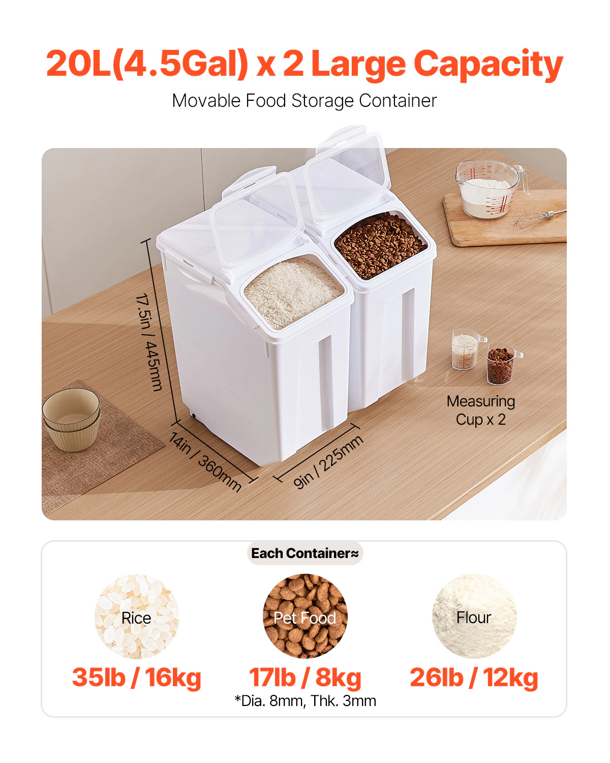 HONGGE Rice Storage Container Dog Food Dispenser Bin with Airtight Lid