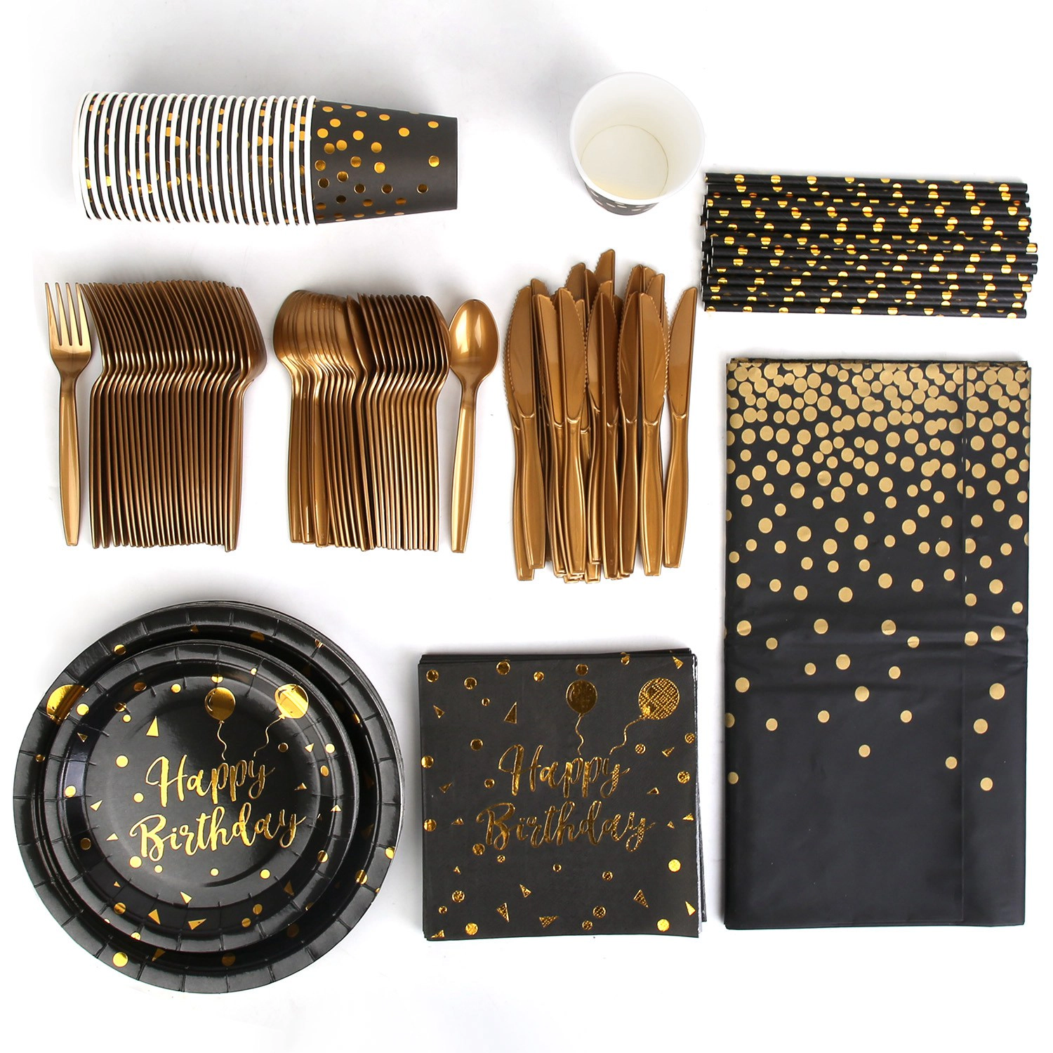 GBruno Black Gold Birthday Party Supplies Set