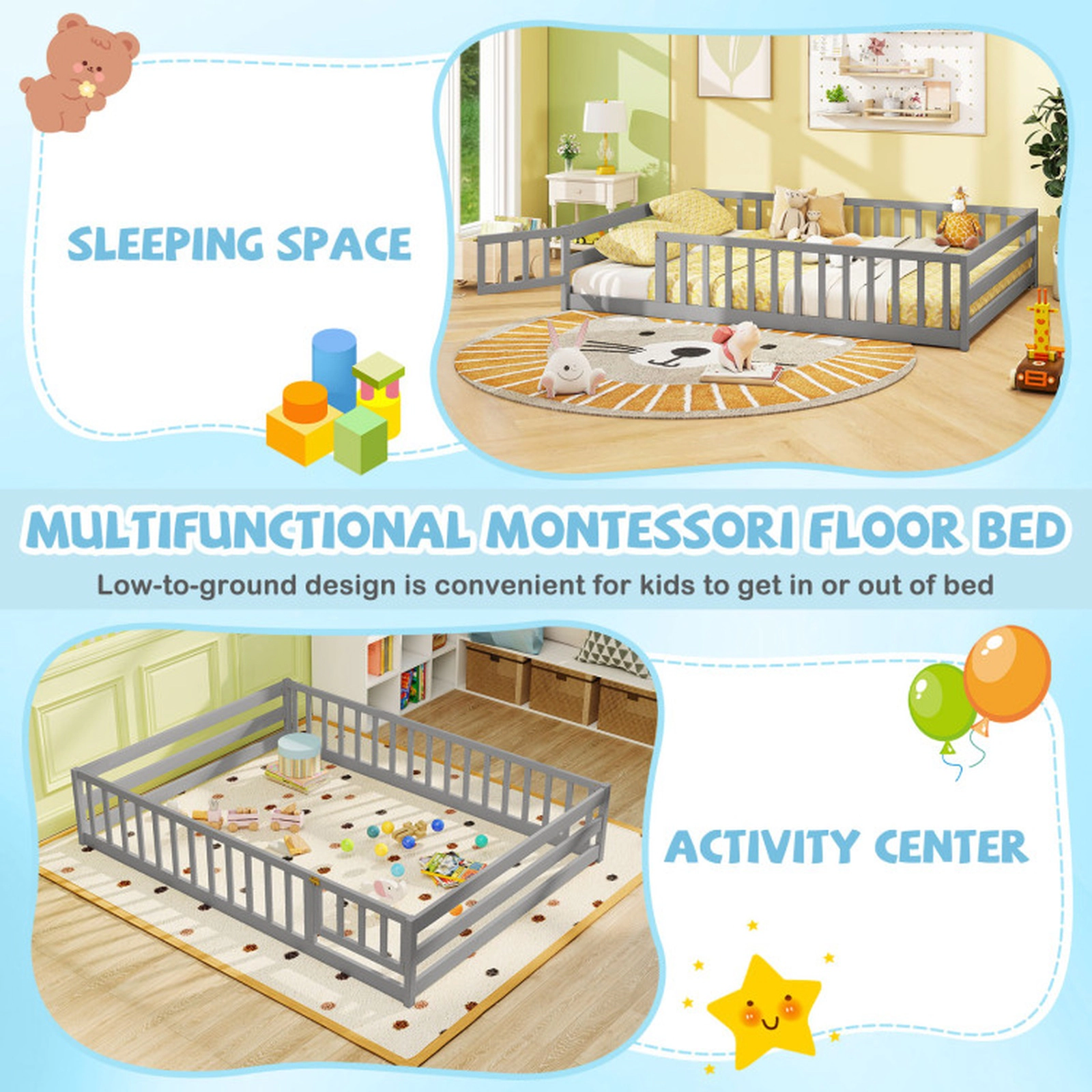SUGIFT Full-Length Safety Guardrails and Lockable Door Pine Wood Full Kids Floor Bed