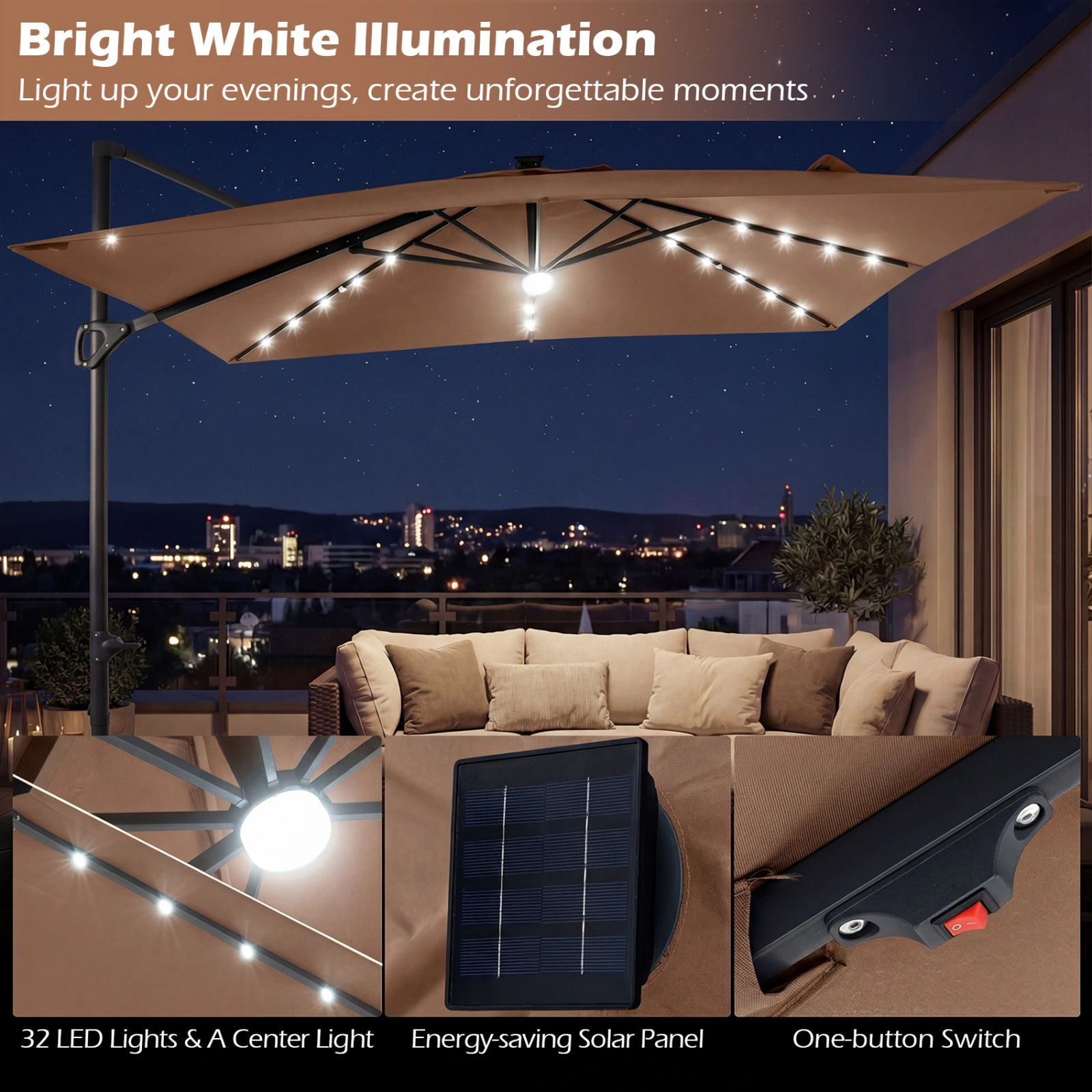 SUGIFT 10-ft Tan Solar LED Offset Cantilever Patio Umbrella with 32 Lights 6 Tilt Positions and 220-lb Base