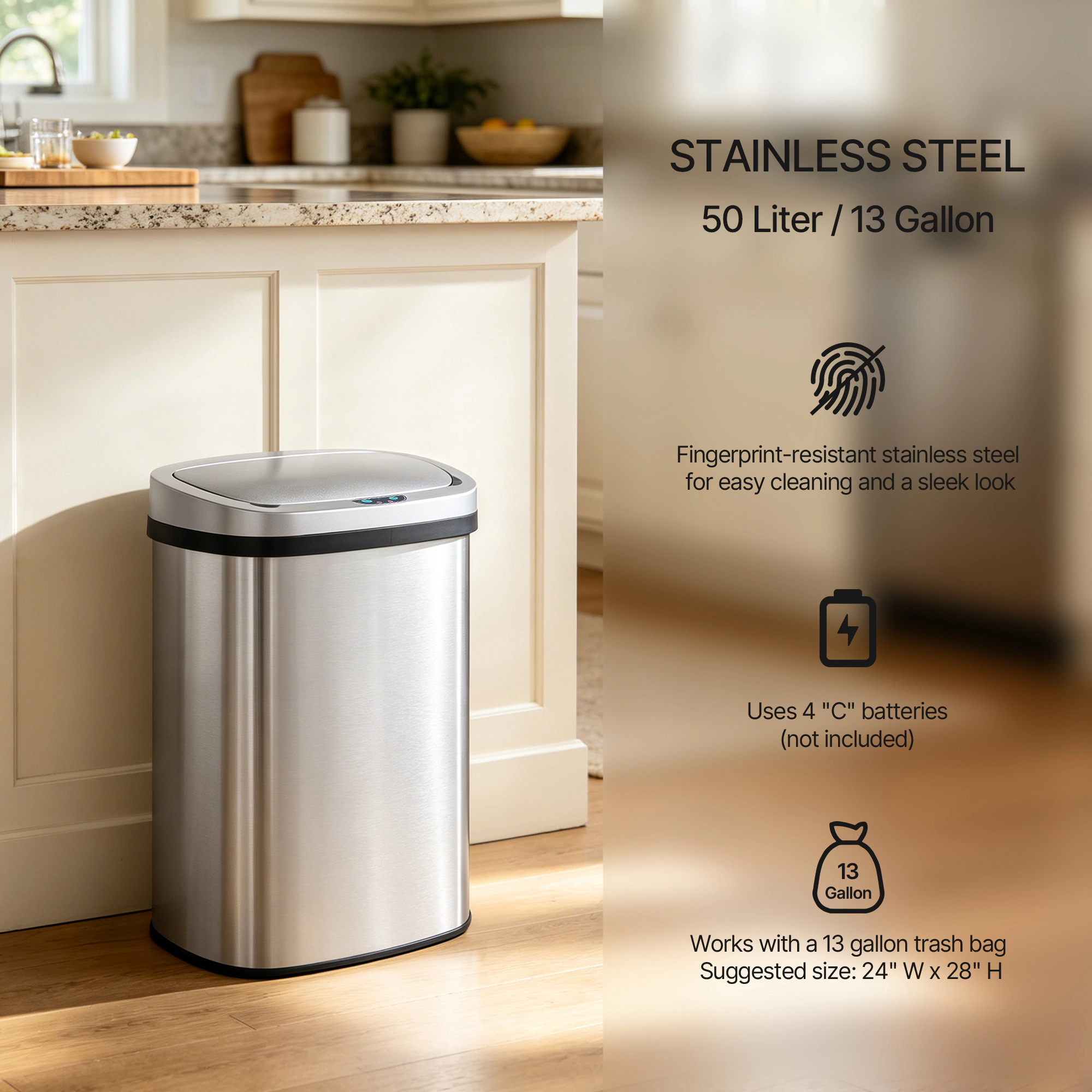 Innovaze 13 Gal./50 Liter Stainless Steel Oval Motion Sensor Trash Can for Kitchen
