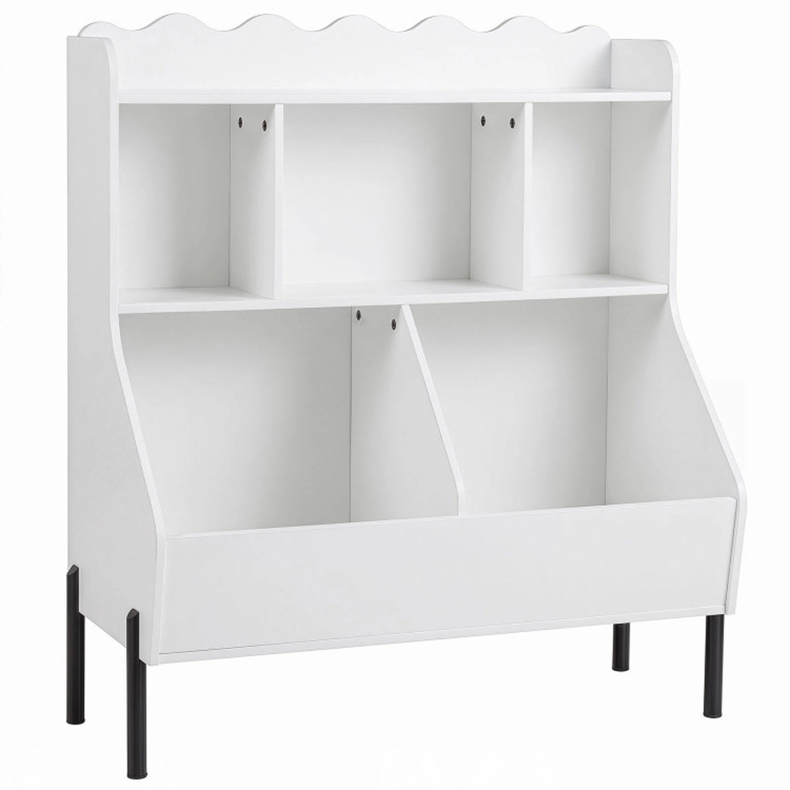 SUGIFT Kids 5 Storage Cubes 3 Open Compartments 2 Boxes Metal Legs Wooden Bookshelf 31.5-in x 16-in x 36.5-in White