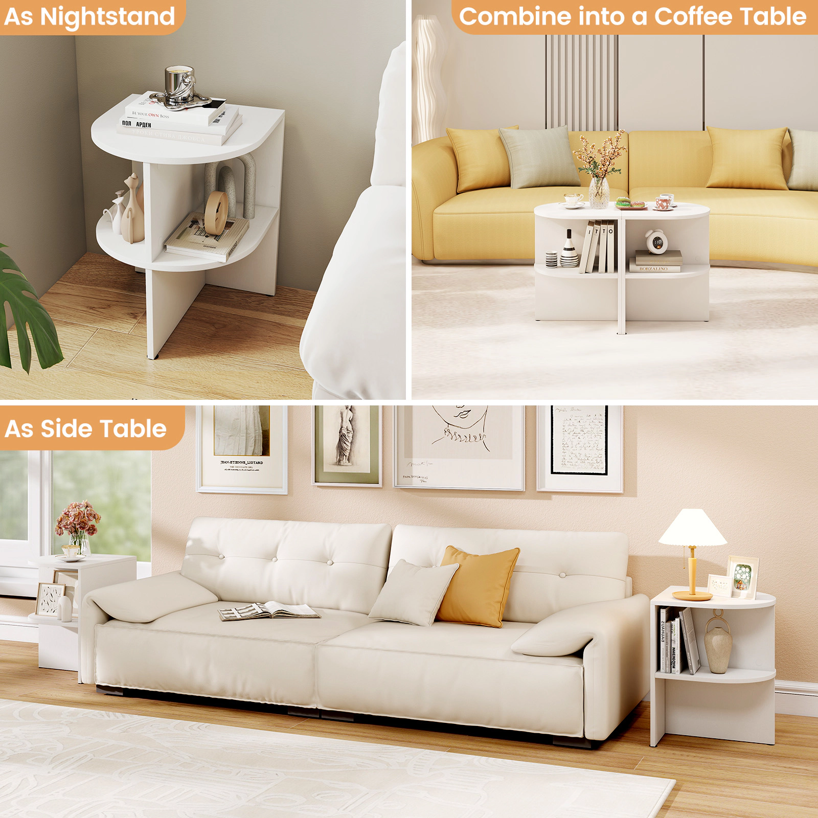 Glintex Half-Round End Table with 2 Open Shelves and Screw Hole Covers, White