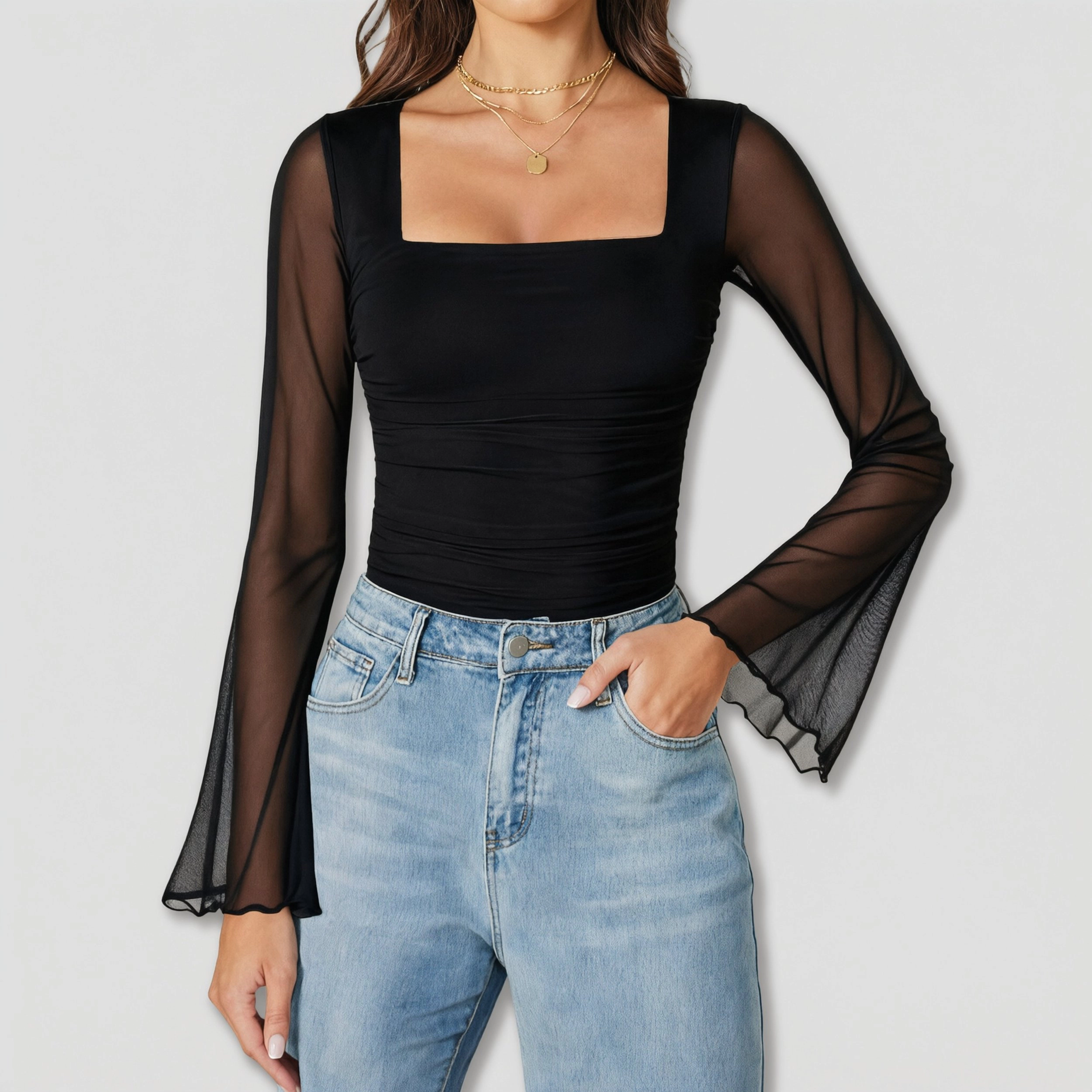 Avidlove Women's Long Bell Sleeve Mesh Square Neck Ruched Bodysuit