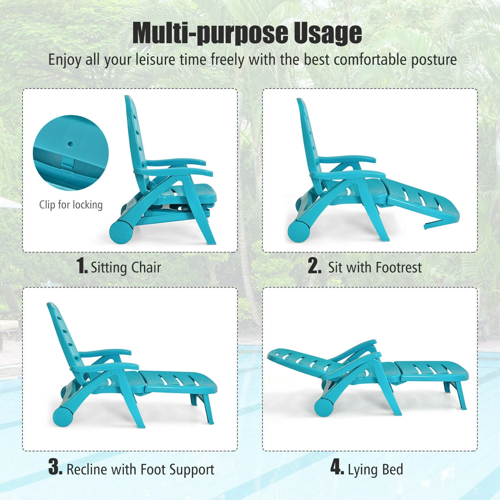 SUGIFT Armrests 330-lb Turquoise 5-Position Folding Chaise Lounge Chair All-Weather Resin