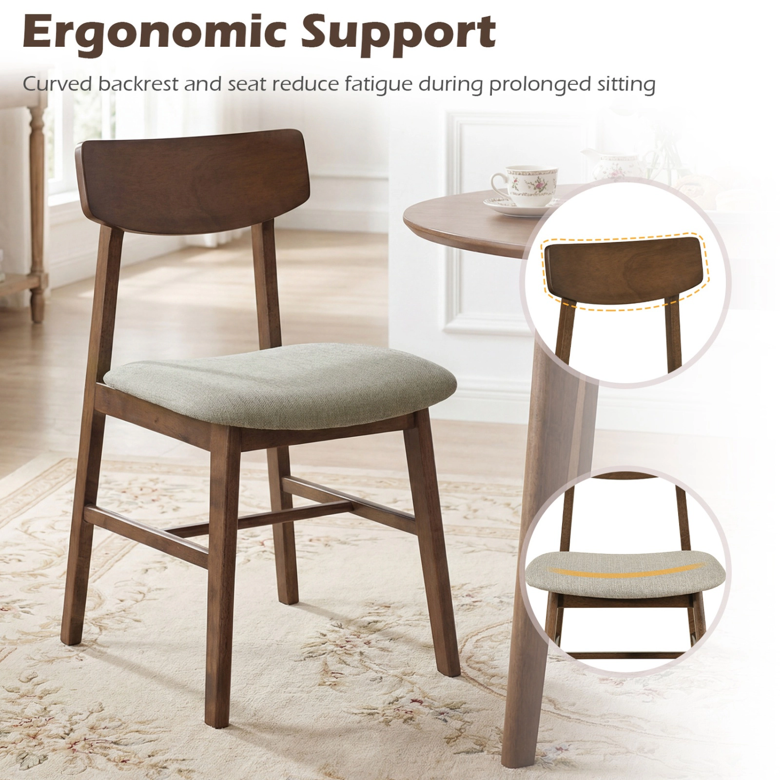 SUGIFT Solid Rubber Wood Dining Chairs Set of 4 with Curved Backrest 330-lb Capacity Walnut + Gray