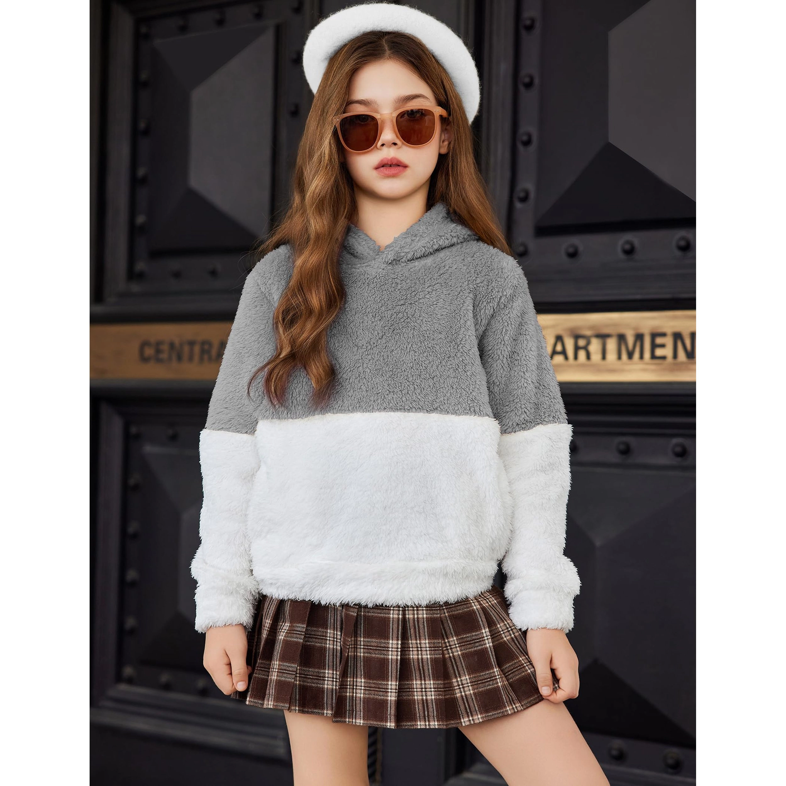 Arshiner Girls Fuzzy Fleece Hoodies Casual Sweatshirt Sherpa Pullover with Kangaroo Pockets